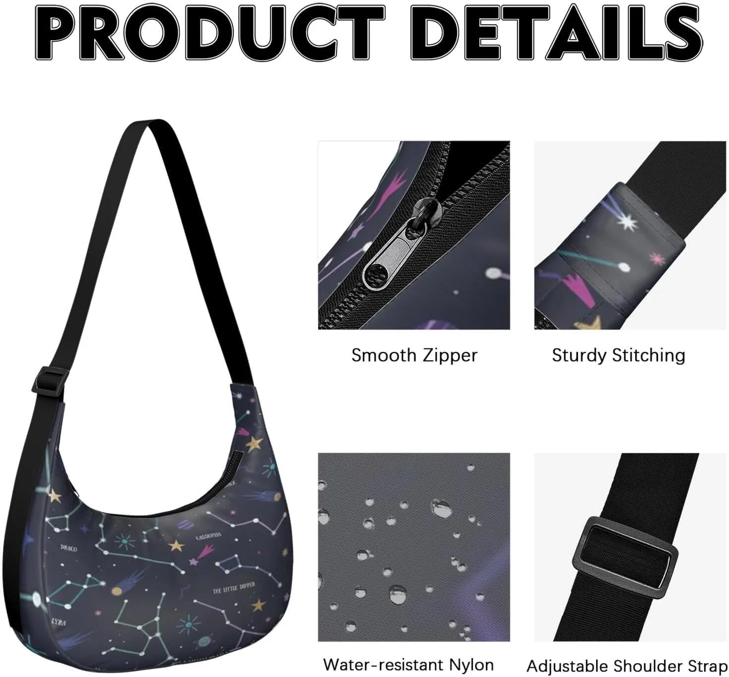 Space Sling Crossbody Bag for Women Crescent Bag with Adjustable Strap Waterproof Nylon Galaxy Shoulder Bag for Daily Work