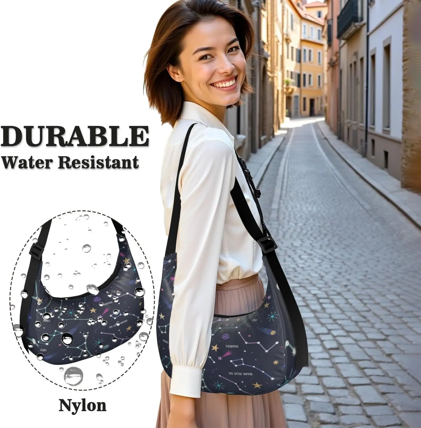 Space Sling Crossbody Bag for Women Crescent Bag with Adjustable Strap Waterproof Nylon Galaxy Shoulder Bag for Daily Work