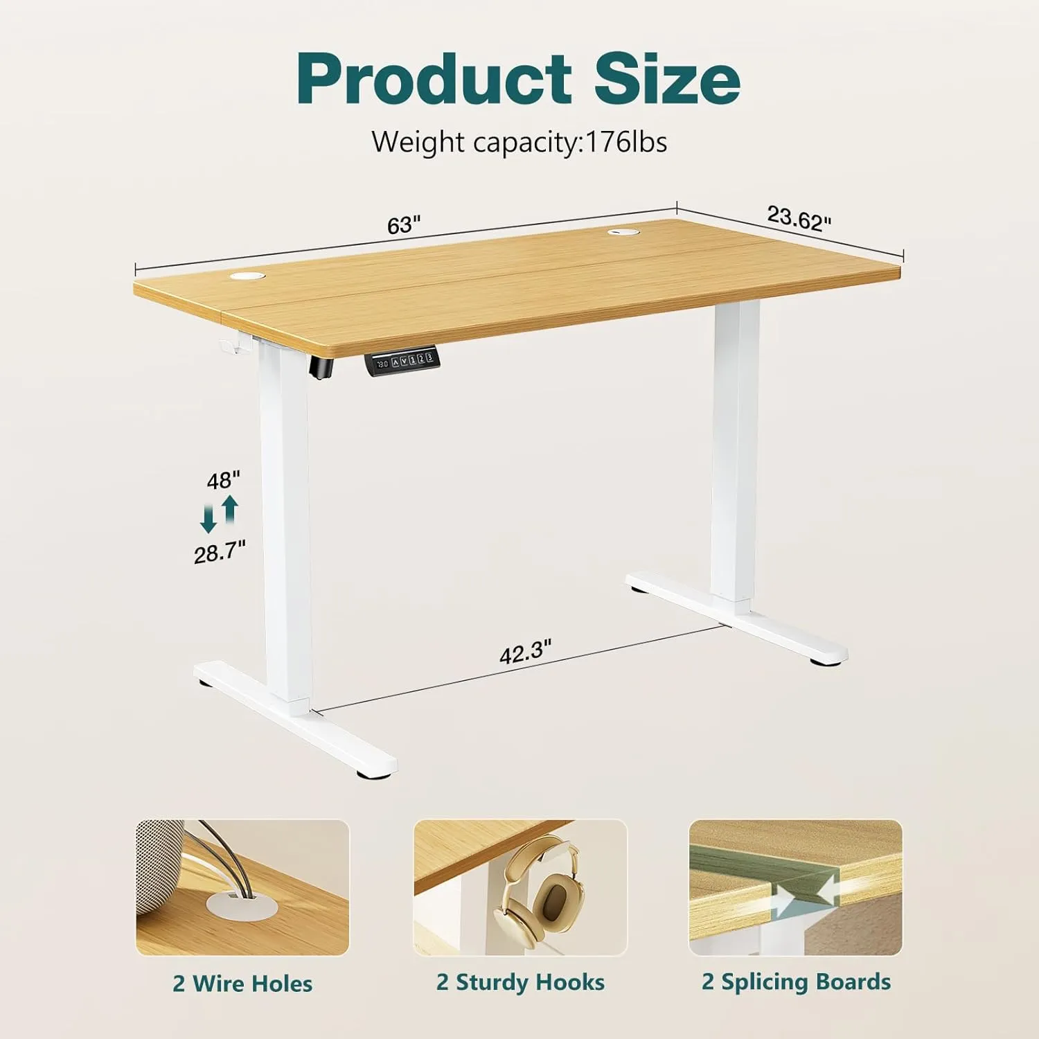 Standing Desk, Adjustable Height Electric Sit Stand Up Down Computer Table, 63x24 Inch Ergonomic Rising Modern Lift Motorized Gaming Desktop Workstation for Work Home Office - Natural