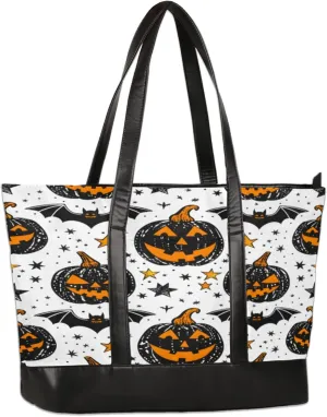 Stars Watercolour Pumpkin Lights Bats Laptop Tote Bag for Women Lightweight Work Purse with Multiple Compartments Fits 13-15.6 Inch Laptop Tablet Shoulder Bag for Office Travel Daily Use
