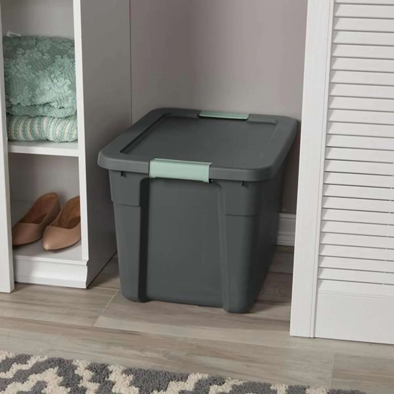 Sterilite 6 Pack Latch Tote, Stackable Plastic Storage Container, 12 Gallon, Gray/Green