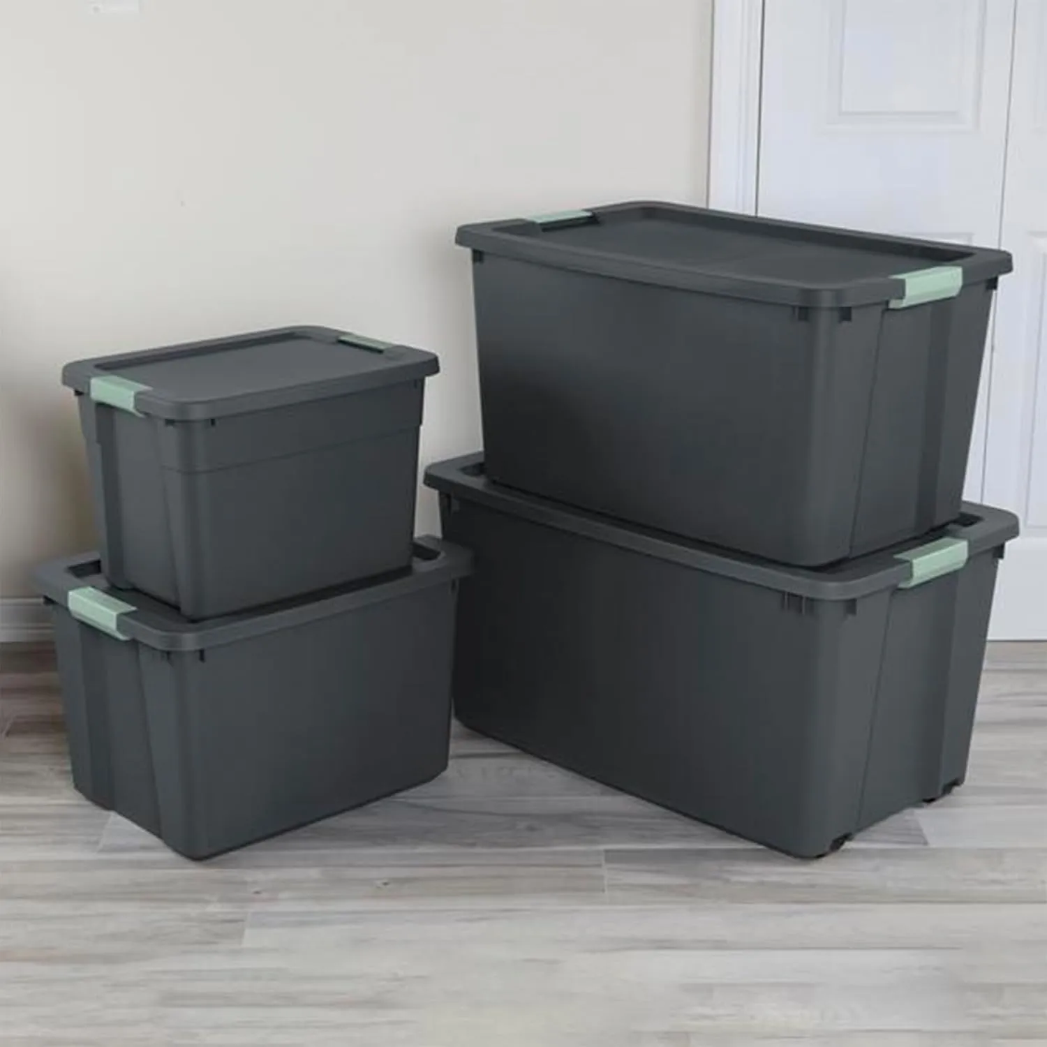 Sterilite 6 Pack Latch Tote, Stackable Plastic Storage Container, 12 Gallon, Gray/Green