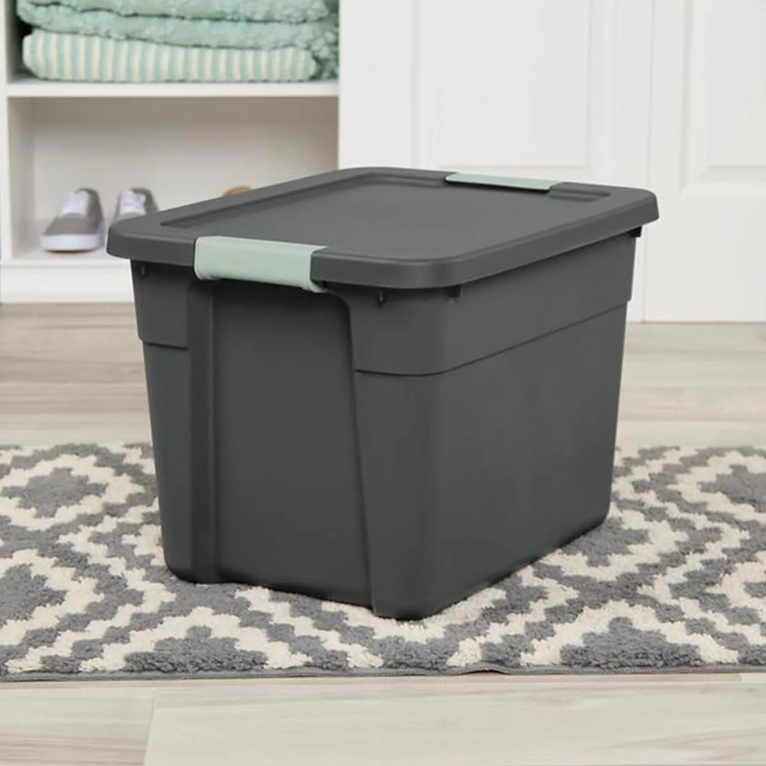 Sterilite 6 Pack Latch Tote, Stackable Plastic Storage Container, 12 Gallon, Gray/Green