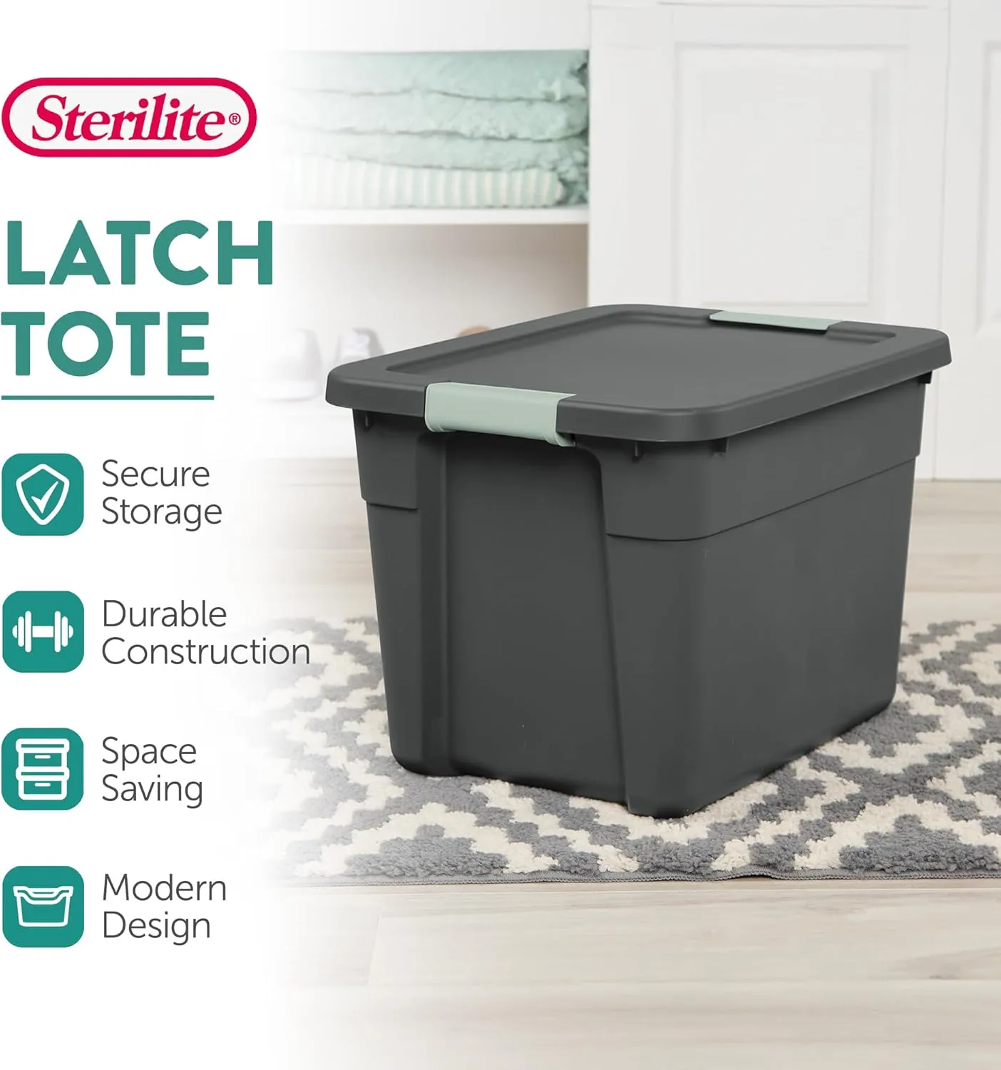 Sterilite 6 Pack Latch Tote, Stackable Plastic Storage Container, 12 Gallon, Gray/Green