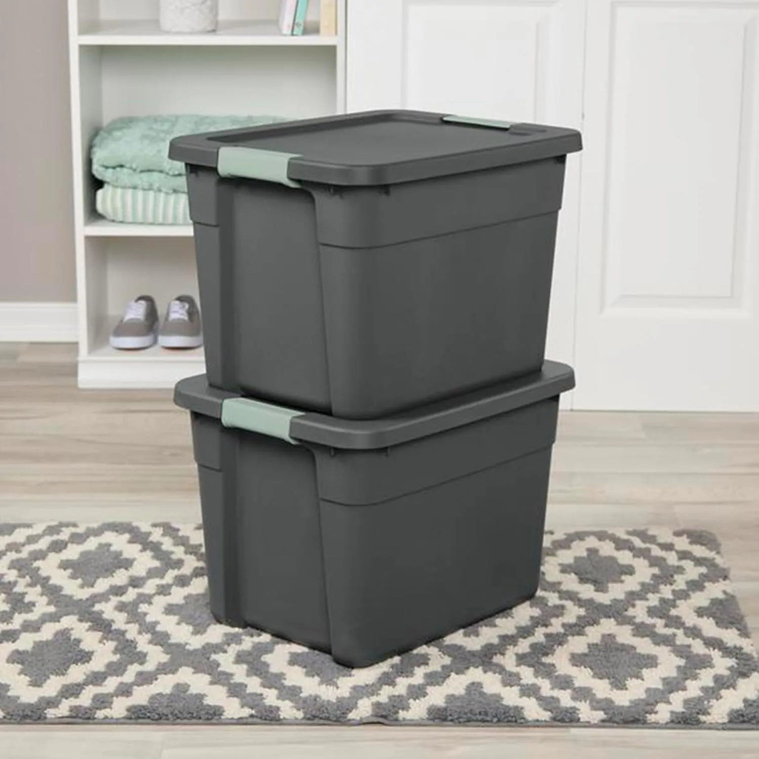 Sterilite 6 Pack Latch Tote, Stackable Plastic Storage Container, 12 Gallon, Gray/Green