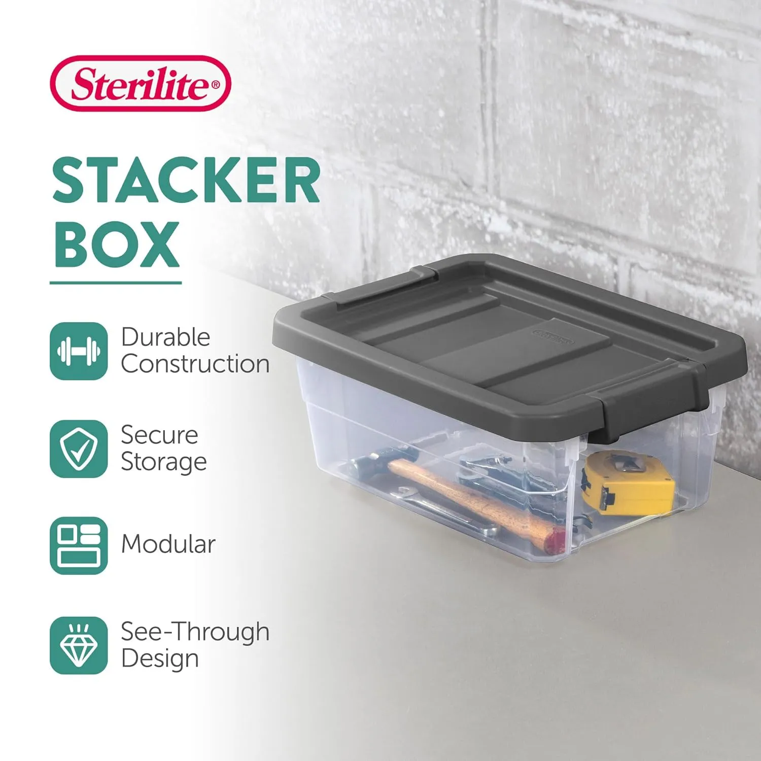Sterilite 6-Pack Modular Stacker Box, Durable Clear Plastic Storage Bins with Latching Lids, 16 Quart - Stackable Organizing Container Boxes for Closet, Bathroom, and Office