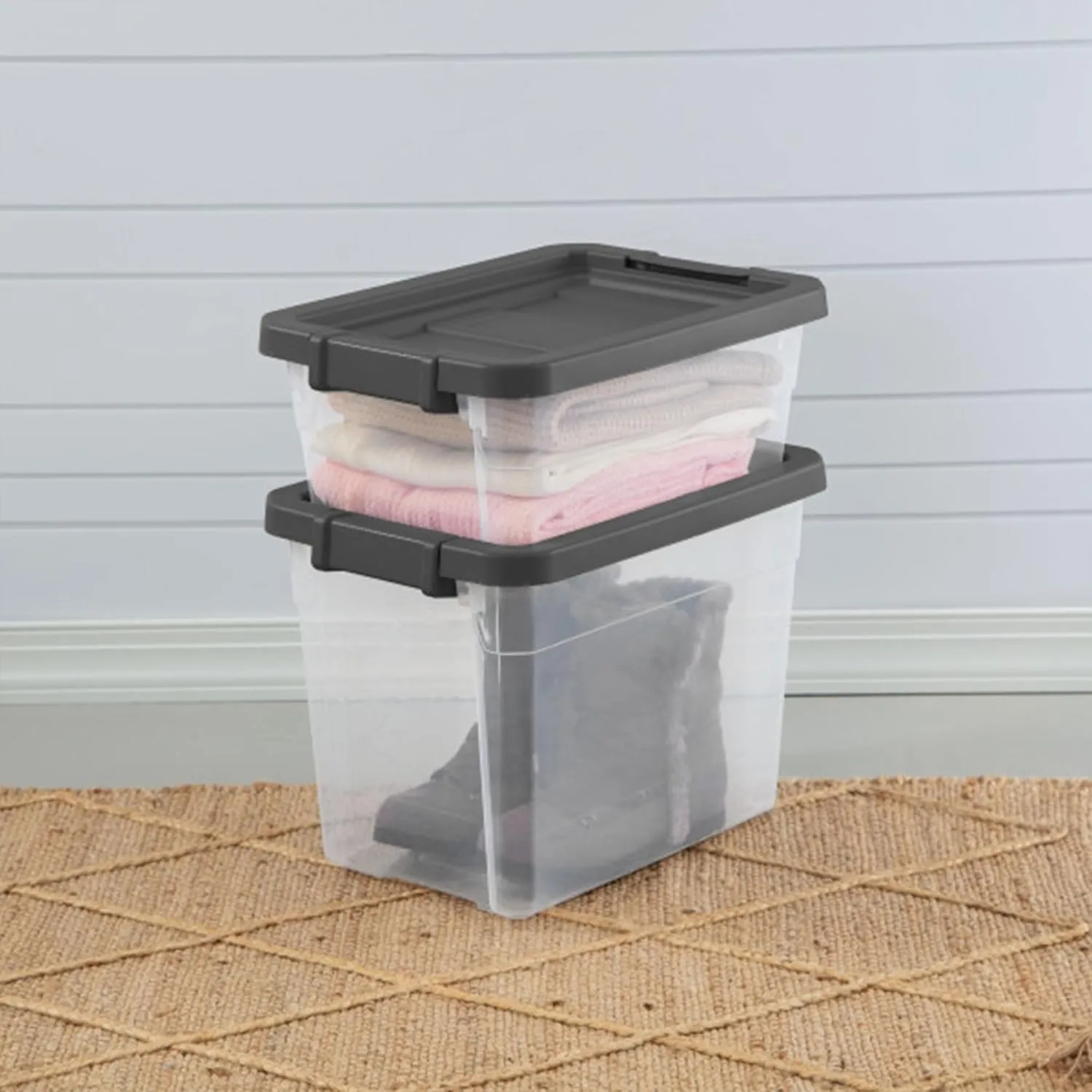 Sterilite 6-Pack Modular Stacker Box, Durable Clear Plastic Storage Bins with Latching Lids, 16 Quart - Stackable Organizing Container Boxes for Closet, Bathroom, and Office