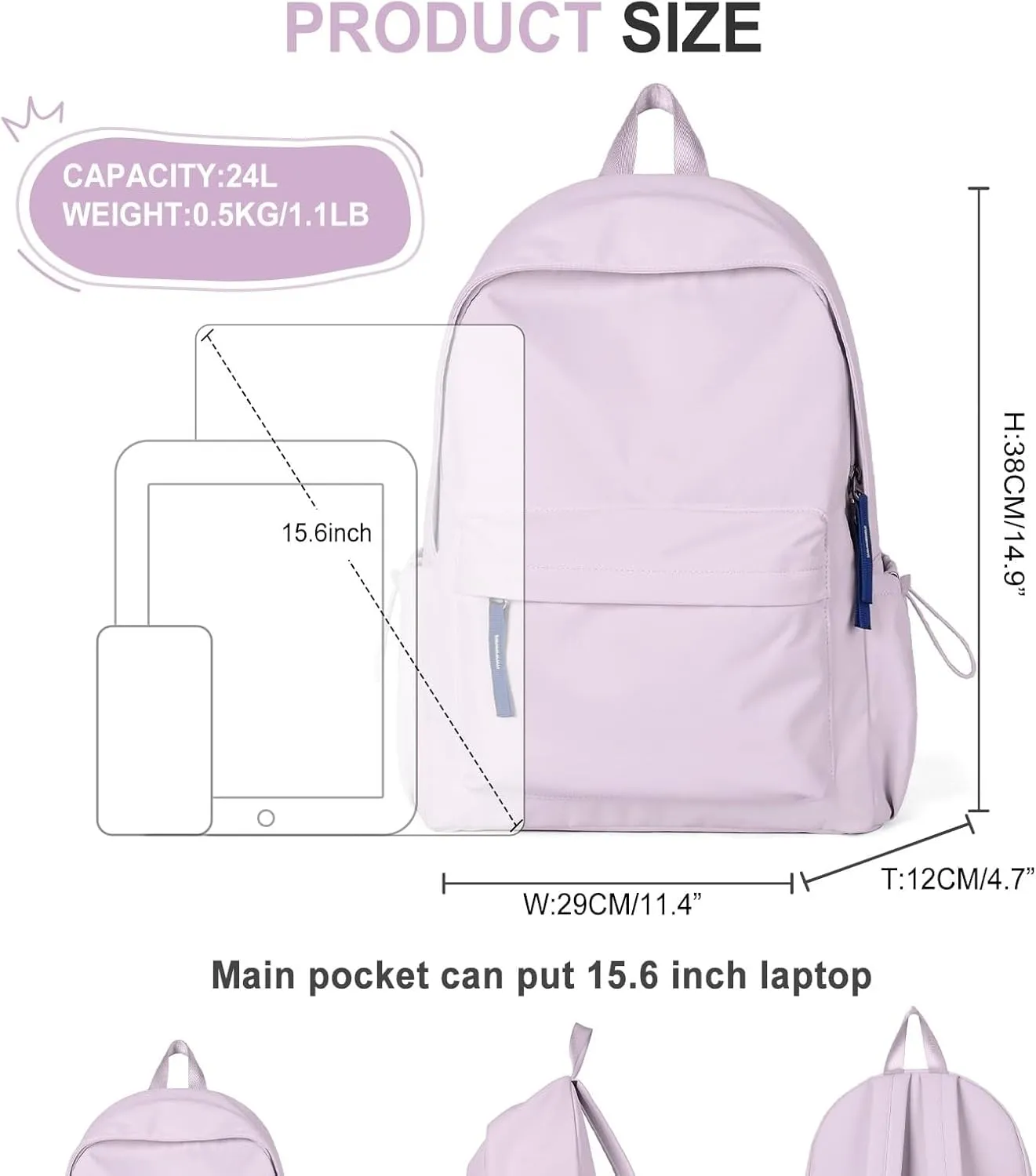Student Backpack Solid Color Backpack For Men And Women Lightweight And Good Looking Embroidery (Purple, One Size)