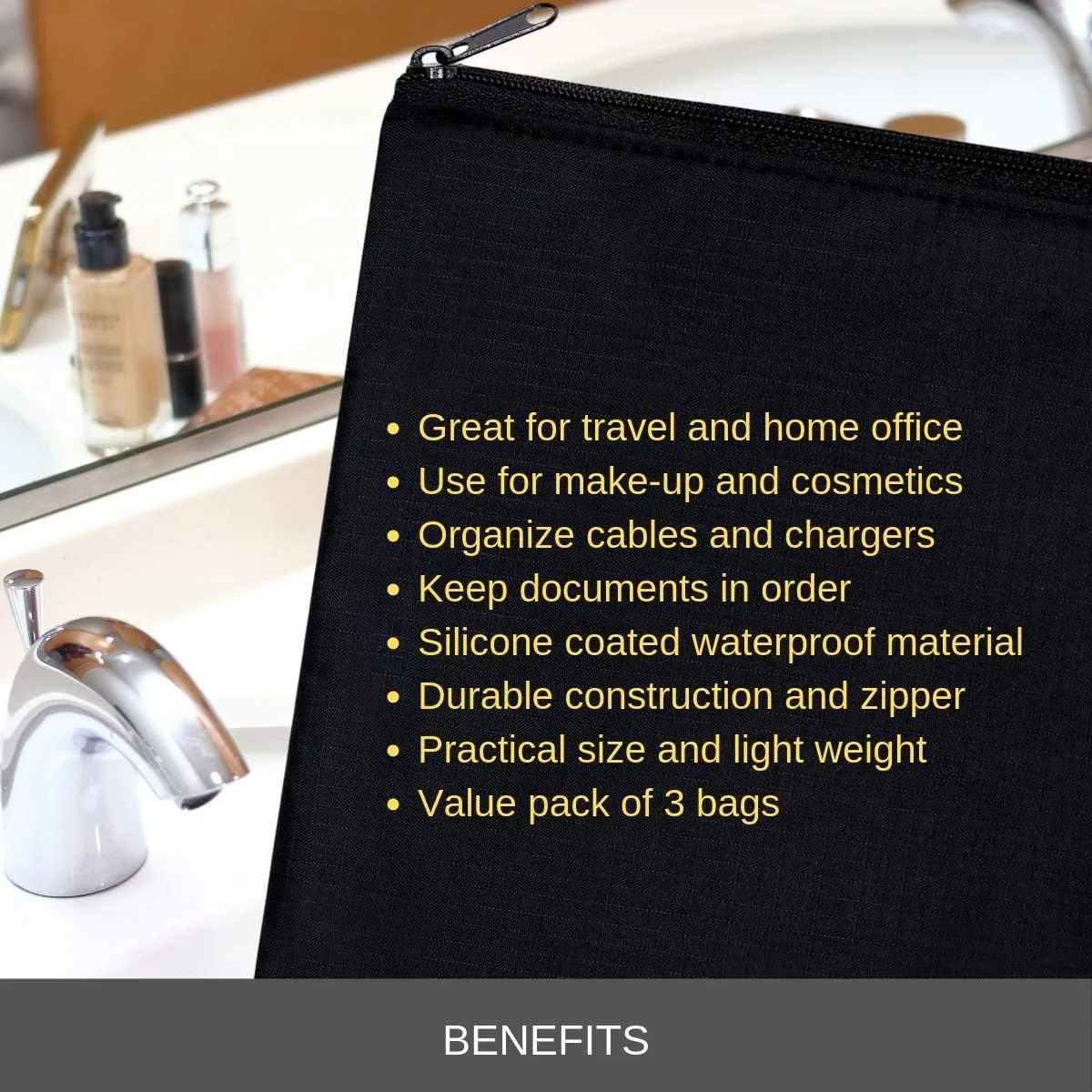 Sun Lifestyle Zipper Bag - Set Of 3 - Carry All Pouch To Organize Travel Toiletries Pens Cosmetics (9.5 x 6.5, Black)