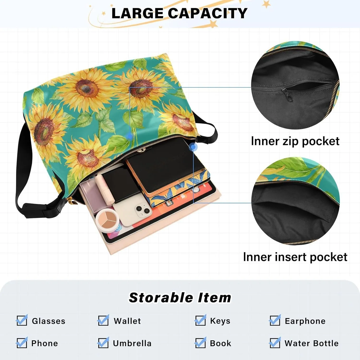 Sunflower Print Sling Bag for Women Crossbody Purse Leather Shoulder Handbag Purses for Women with Adjustable