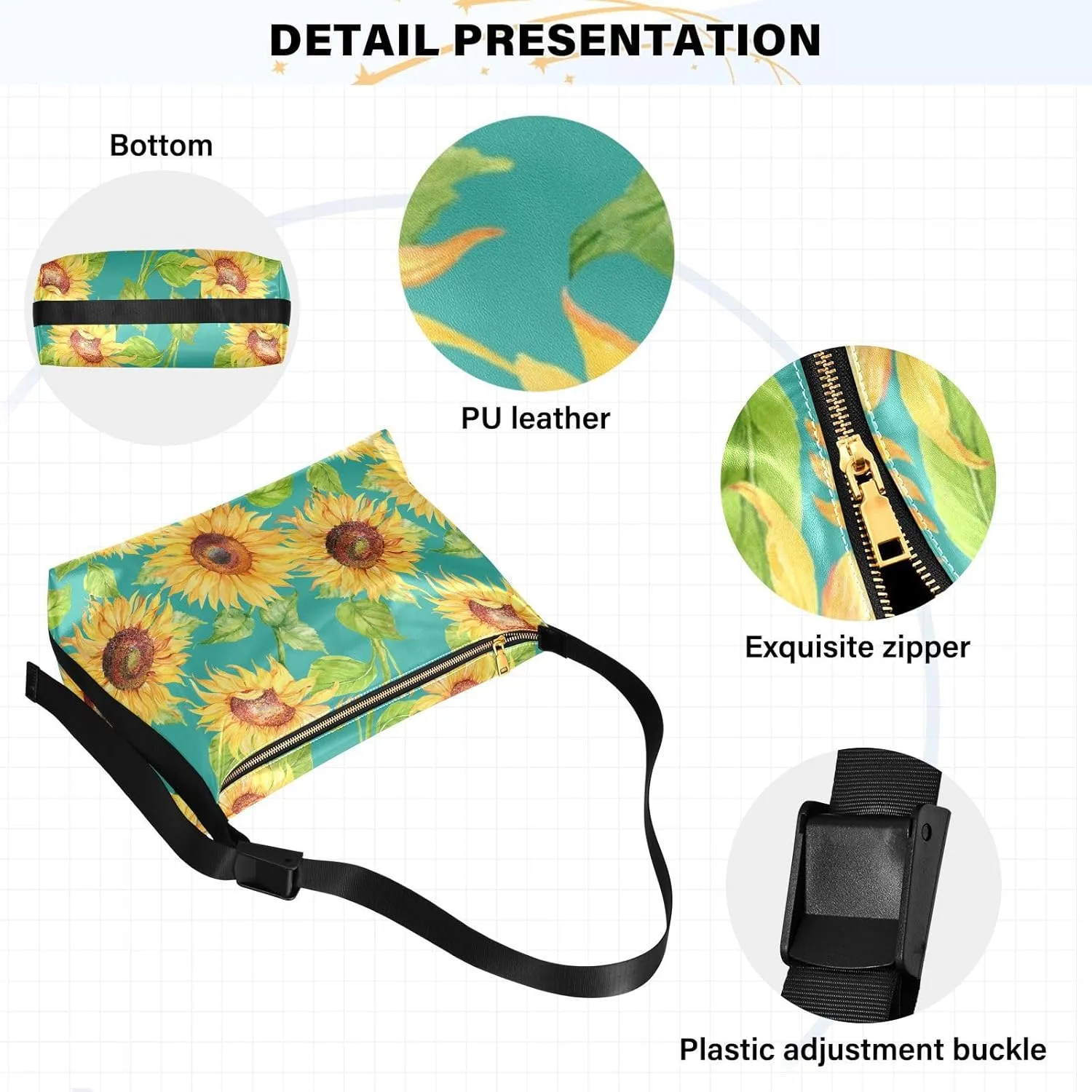 Sunflower Print Sling Bag for Women Crossbody Purse Leather Shoulder Handbag Purses for Women with Adjustable