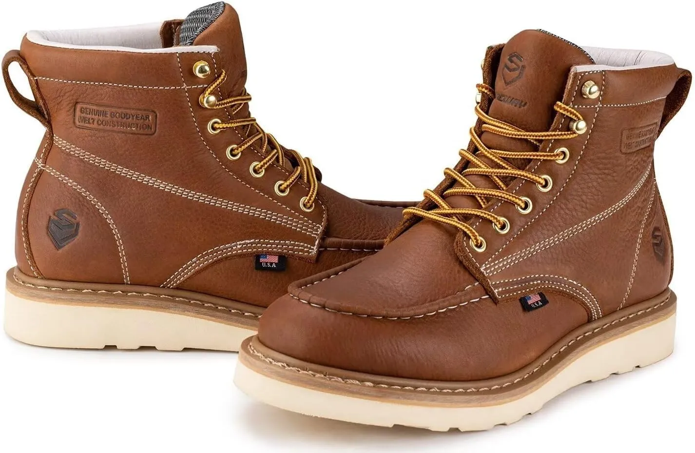 SUREWAY 6 in Mens Steel Toe Work Boots for Men-Full Grain Leather,Goodyear,Non-Slip EH Safety Industial Construction Wedge Moc Toe Work Boots/Shoes