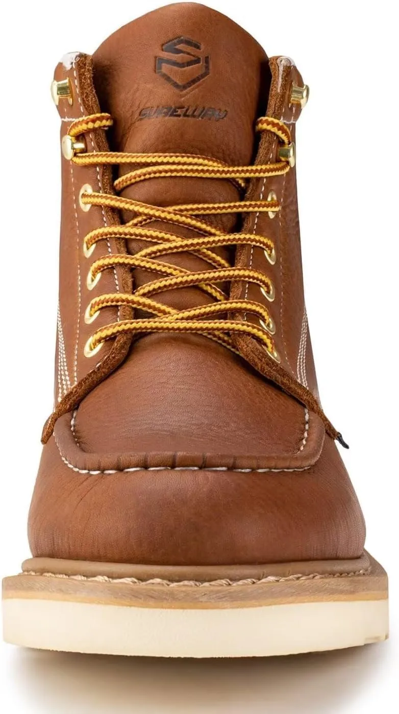 SUREWAY 6 in Mens Steel Toe Work Boots for Men-Full Grain Leather,Goodyear,Non-Slip EH Safety Industial Construction Wedge Moc Toe Work Boots/Shoes