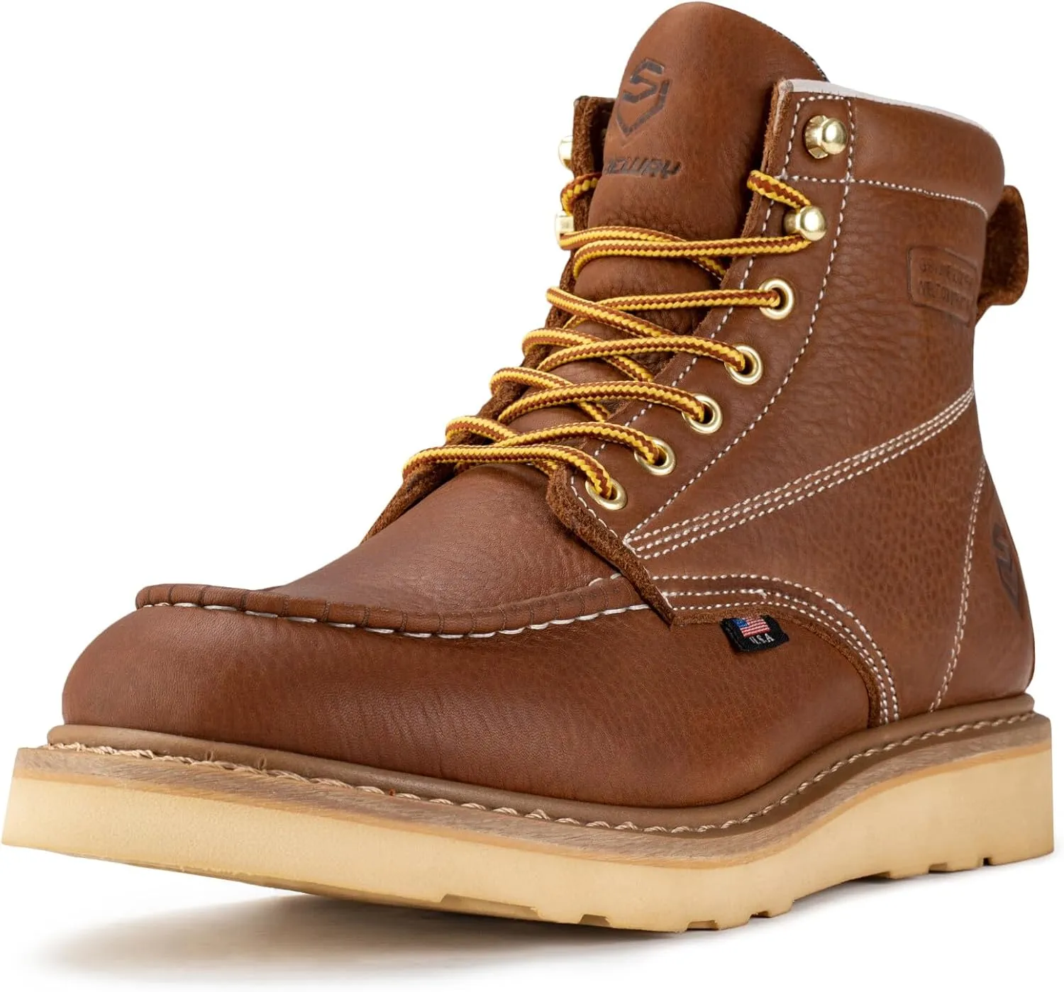 SUREWAY 6 in Mens Waterproof Soft Toe Work Boots for Men-Full Grain Leather,Goodyear,Non-Slip EH Safety Industial Construction Wedge Moc Toe Work Boots/Shoes,Waterproof Soft Toe Tobacco,Size 9.5