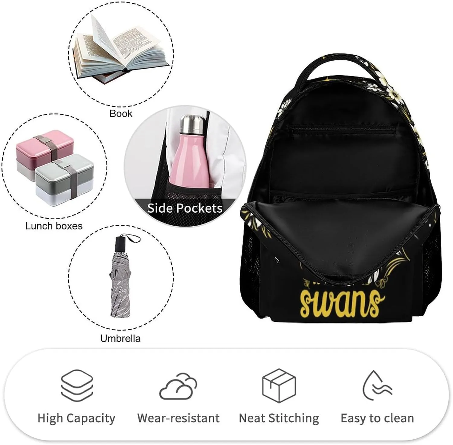 Swan Backpack for Kids Girls Boys School, 16 Inches Cute Swans Theme Bookbag, Adjustable, Lightweight, Large Capacity, Colorful Daily Casual Backpacks