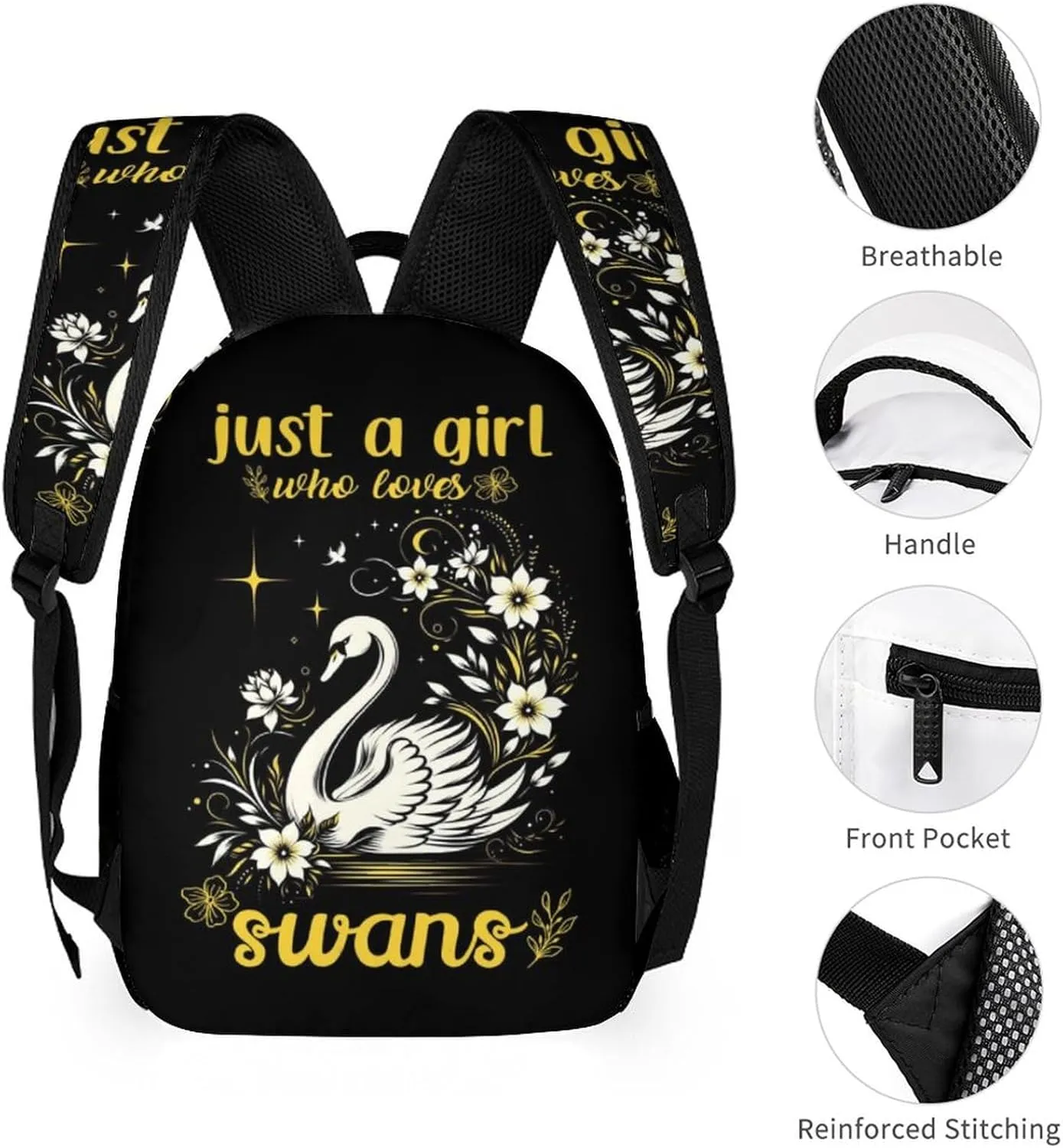 Swan Backpack for Kids Girls Boys School, 16 Inches Cute Swans Theme Bookbag, Adjustable, Lightweight, Large Capacity, Colorful Daily Casual Backpacks