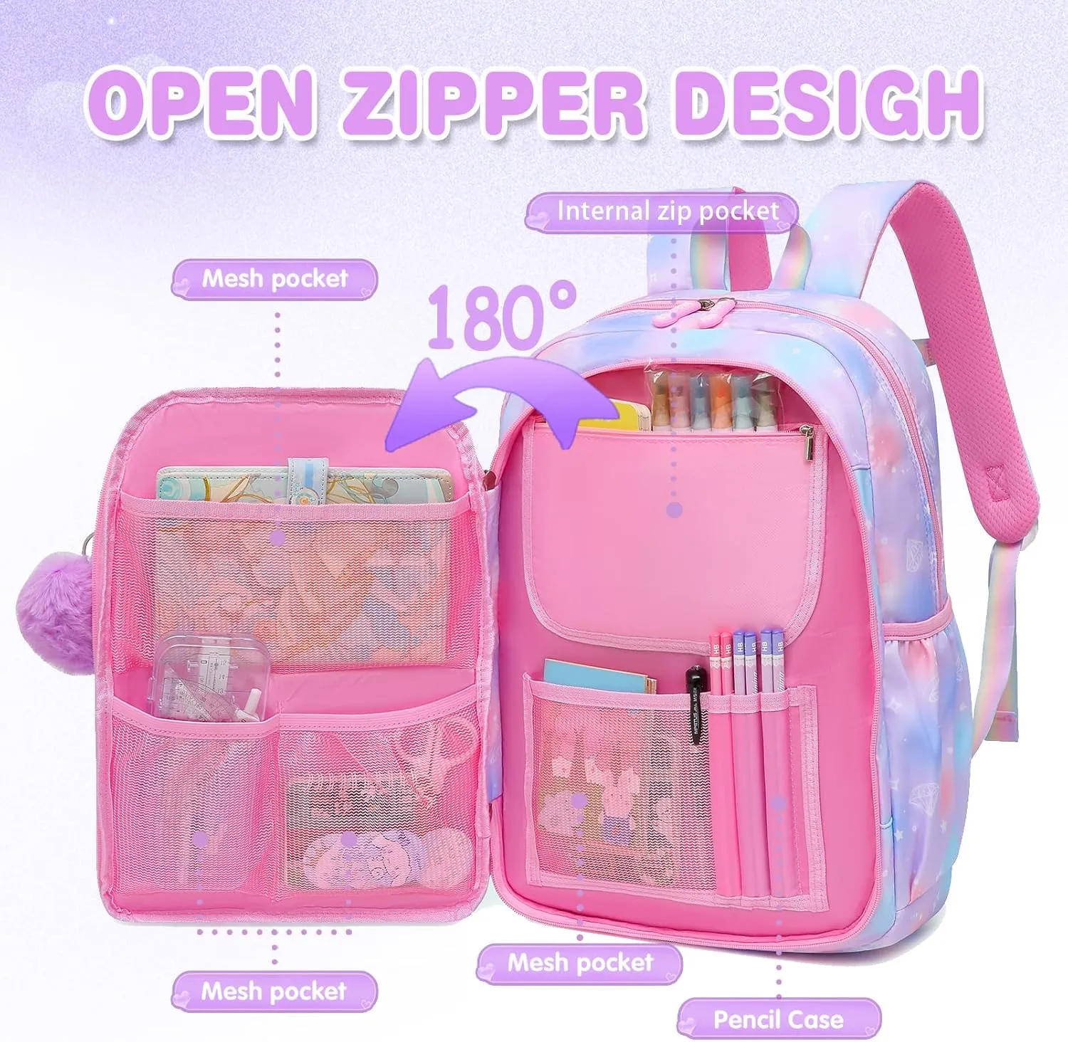 Sweet Girls Backpack - Stylish Splash-resistant School Bag with Multiple Pockets & Trendy Laptop Compartment（17inch Purple）