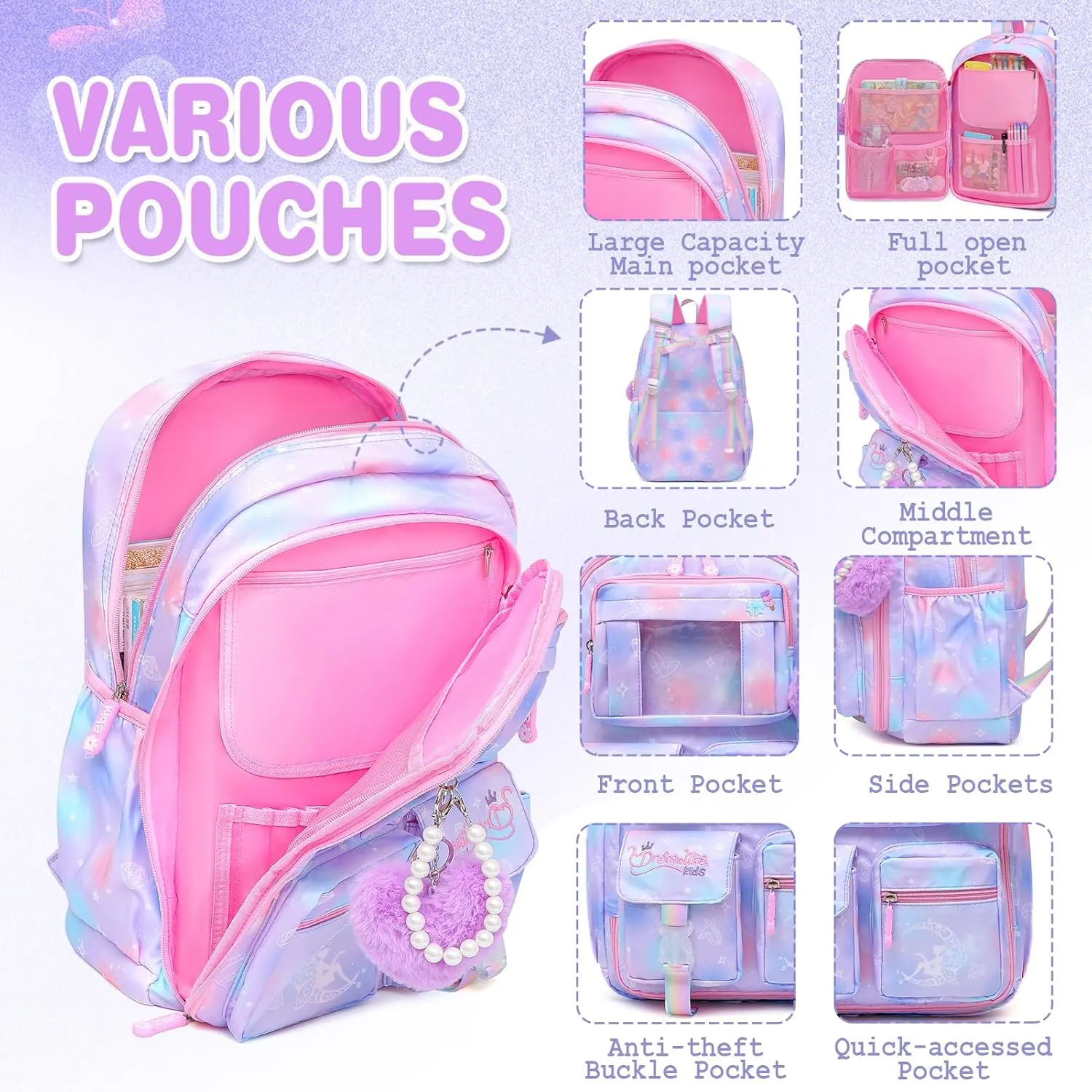 Sweet Girls Backpack - Stylish Splash-resistant School Bag with Multiple Pockets & Trendy Laptop Compartment（17inch Purple）
