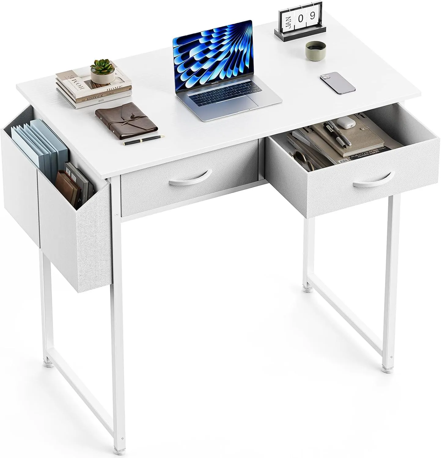 Sweetcrispy Computer Desk Small 32 Inch Home Office Bedroom Writing Study PC Table with Fabric Storage Drawers Space Side Bag Headphone Hook Metal Frame Adjustable Feet Modern Simple Style
