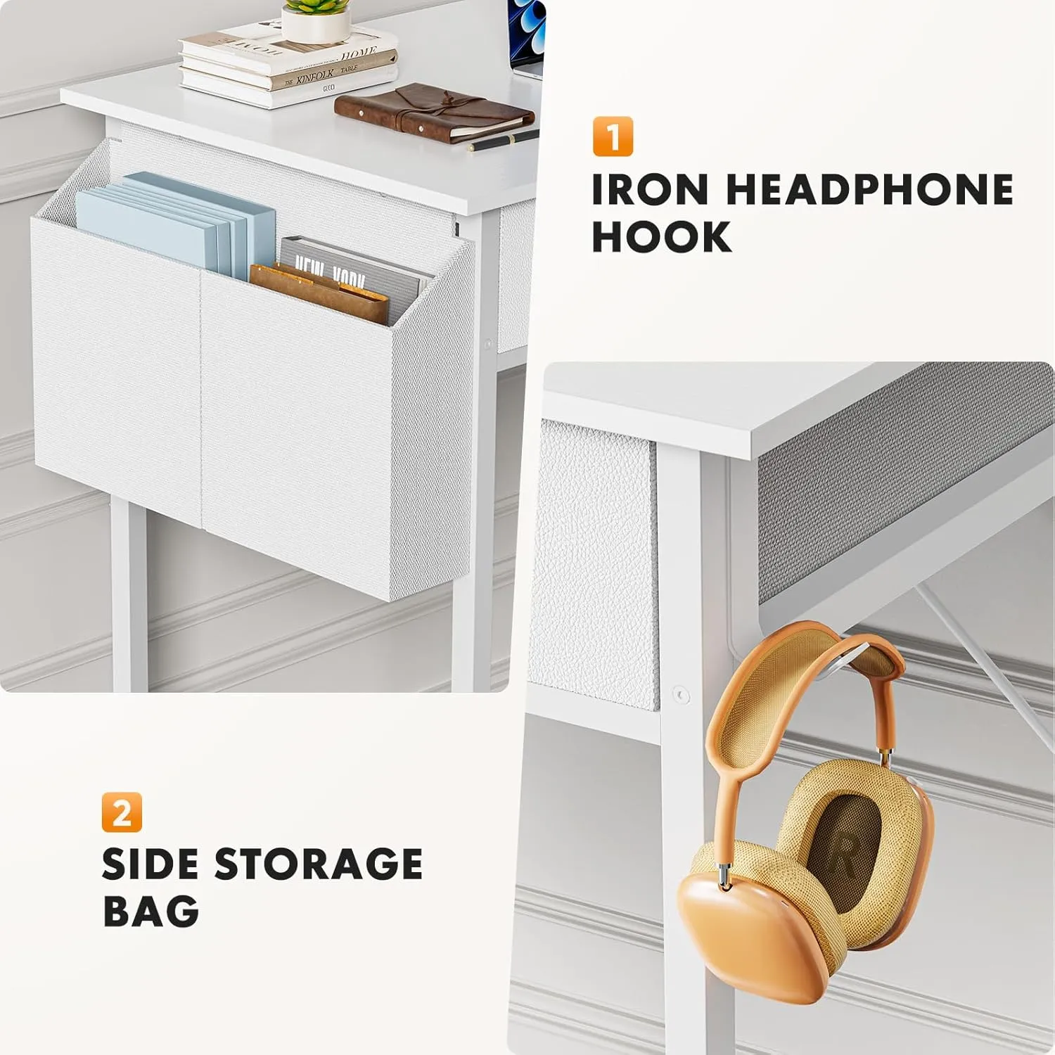 Sweetcrispy Computer Desk Small 32 Inch Home Office Bedroom Writing Study PC Table with Fabric Storage Drawers Space Side Bag Headphone Hook Metal Frame Adjustable Feet Modern Simple Style