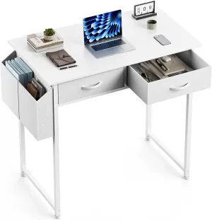 Sweetcrispy Computer Desk Small 32 Inch Home Office Bedroom Writing Study PC Table with Fabric Storage Drawers Space Side Bag Headphone Hook Metal Frame Adjustable Feet Modern Simple Style