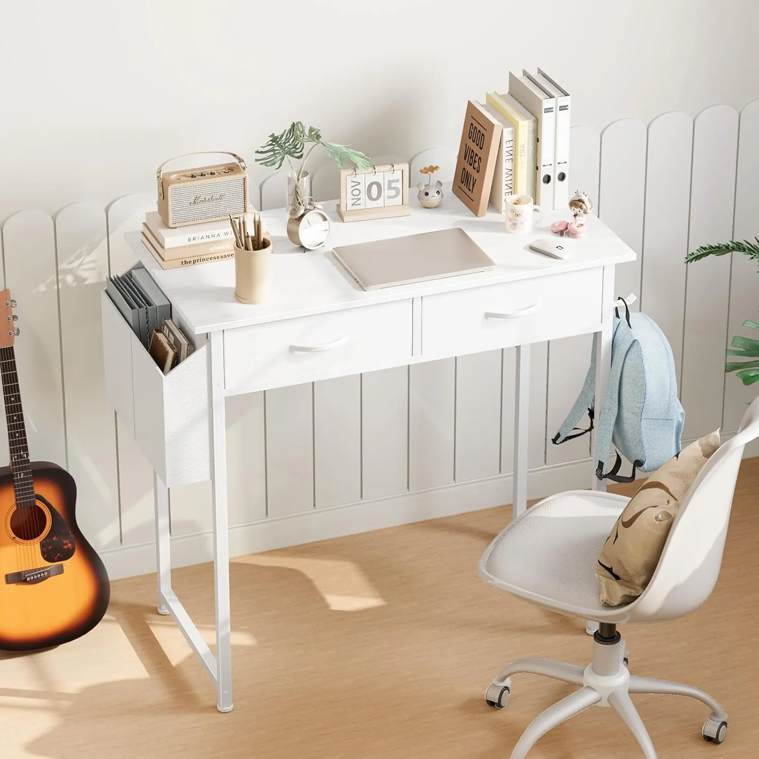 Sweetcrispy Computer Desk Small 32 Inch Home Office Bedroom Writing Study PC Table with Fabric Storage Drawers Space Side Bag Headphone Hook Metal Frame Adjustable Feet Modern Simple Style