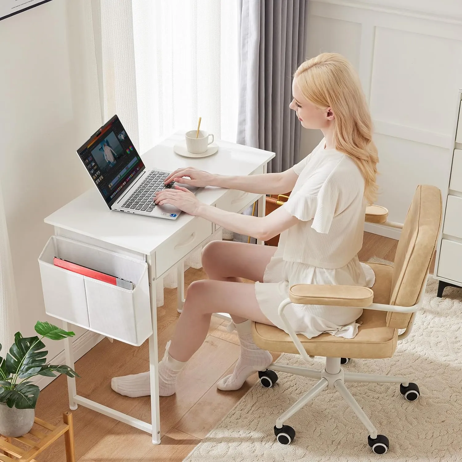 Sweetcrispy Computer Desk Small 32 Inch Home Office Bedroom Writing Study PC Table with Fabric Storage Drawers Space Side Bag Headphone Hook Metal Frame Adjustable Feet Modern Simple Style