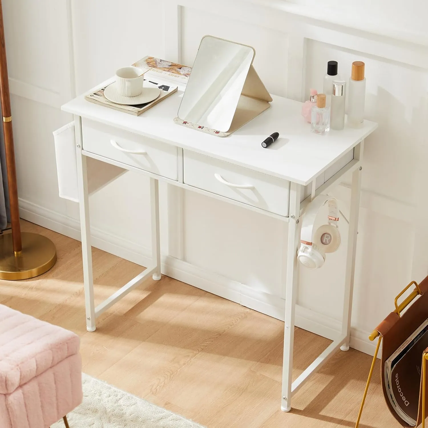 Sweetcrispy Computer Desk Small 32 Inch Home Office Bedroom Writing Study PC Table with Fabric Storage Drawers Space Side Bag Headphone Hook Metal Frame Adjustable Feet Modern Simple Style