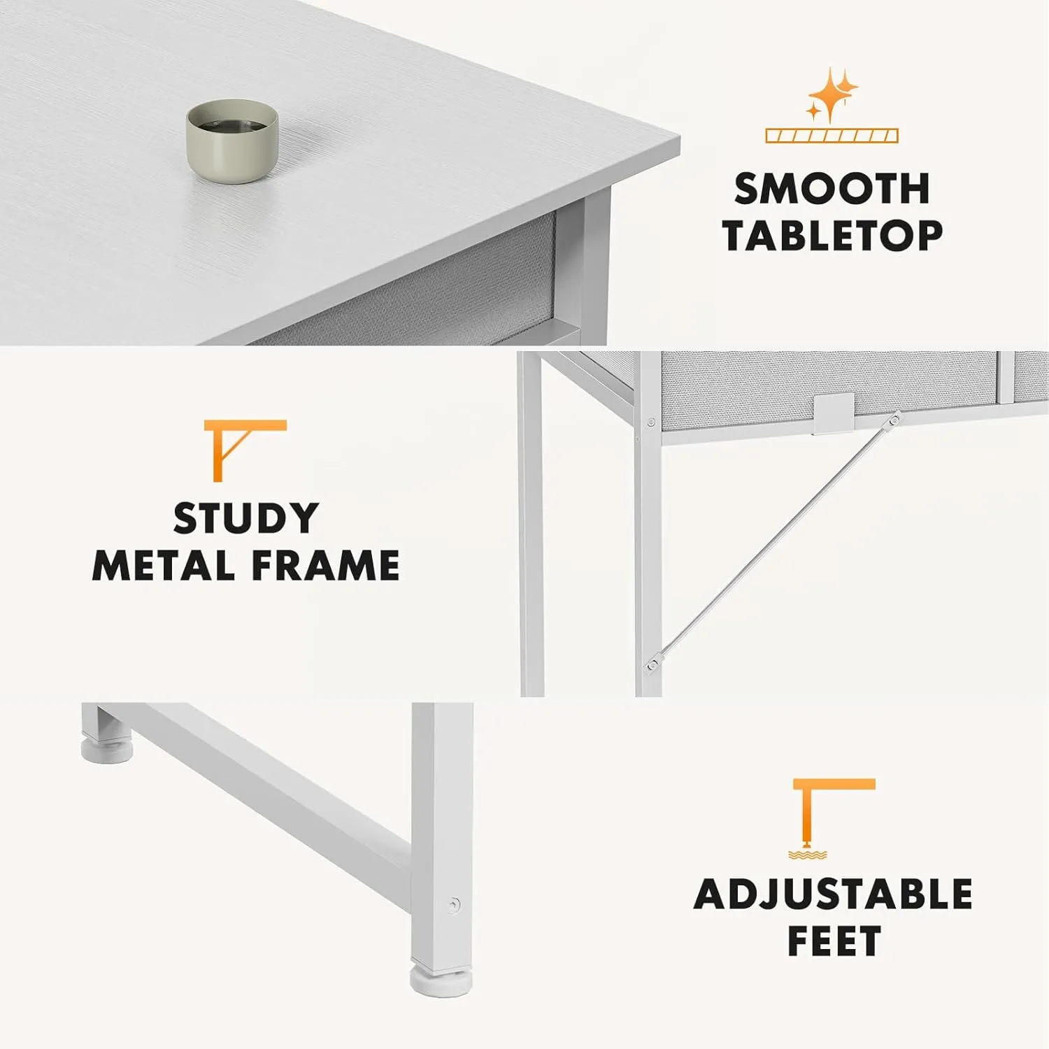 Sweetcrispy Computer Desk Small 32 Inch Home Office Bedroom Writing Study PC Table with Fabric Storage Drawers Space Side Bag Headphone Hook Metal Frame Adjustable Feet Modern Simple Style