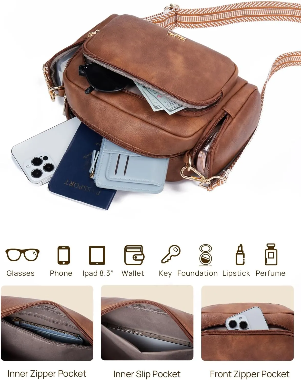 Telena Crossbody Bags for Women Vegan Leather Purse Multi Pocket Camera Bag with Adjustable Shoulder Strap