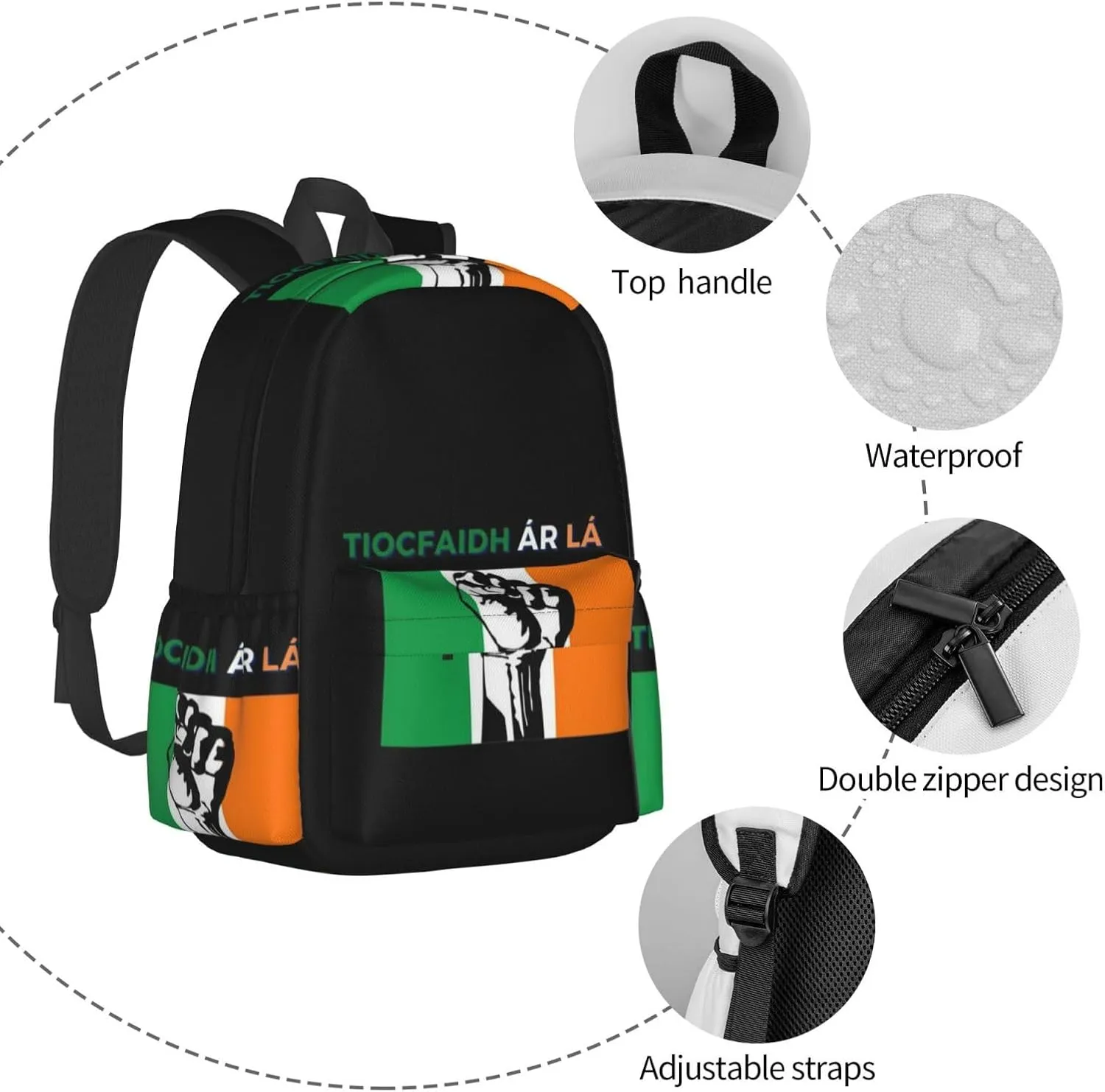 Tiocfaidh ár lá irish flag green white orange raised fist Backpack Large Capacity Backpack Lightweight Double Shoulder Bag For Women Men Travel