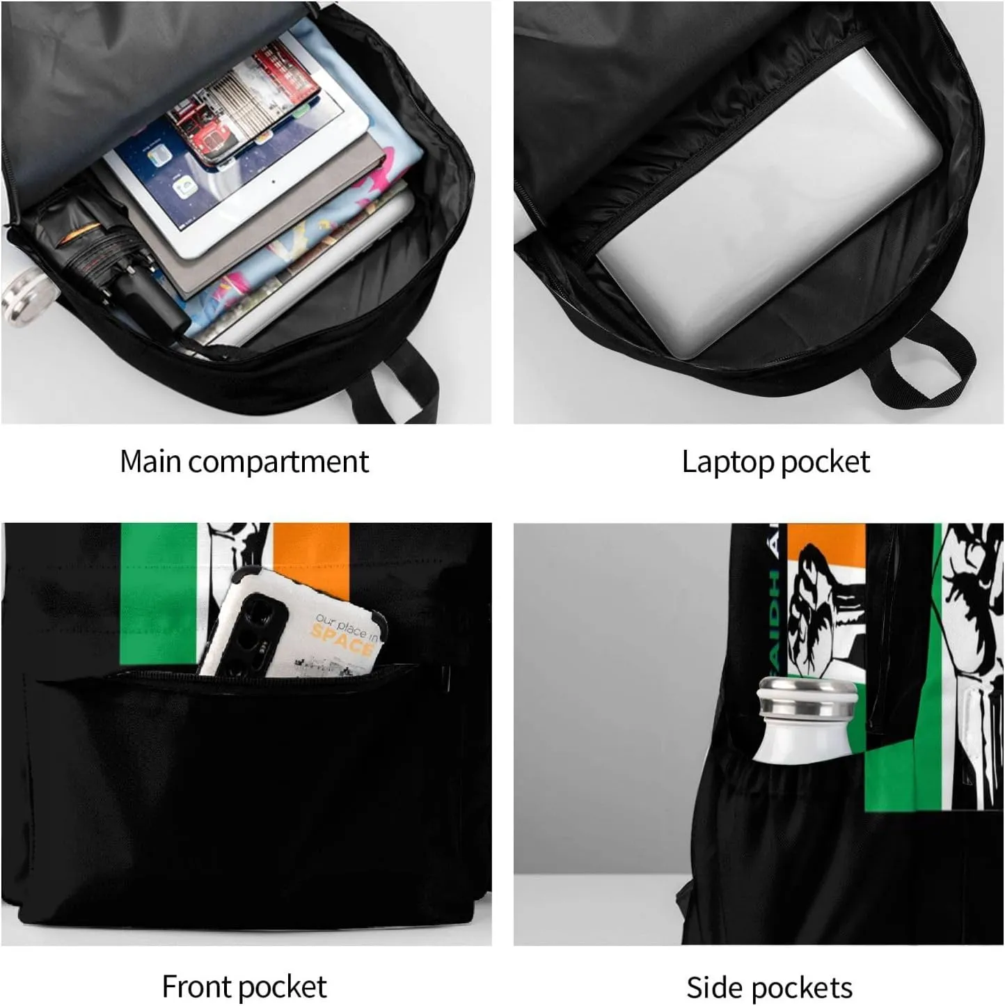 Tiocfaidh ár lá irish flag green white orange raised fist Backpack Large Capacity Backpack Lightweight Double Shoulder Bag For Women Men Travel