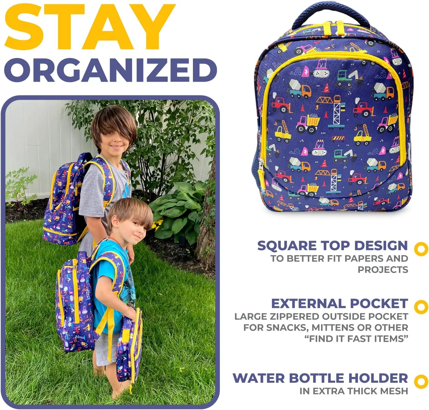 Toddler Backpack for Boys, Cute 13” Daycare PreSchool Kindergarten Elementary School Boy Backpacks, Water Bottle Pocket Holder, Insulated Padded Bags for Toddlers Kids Travel Bag, Blue Yellow Trucks