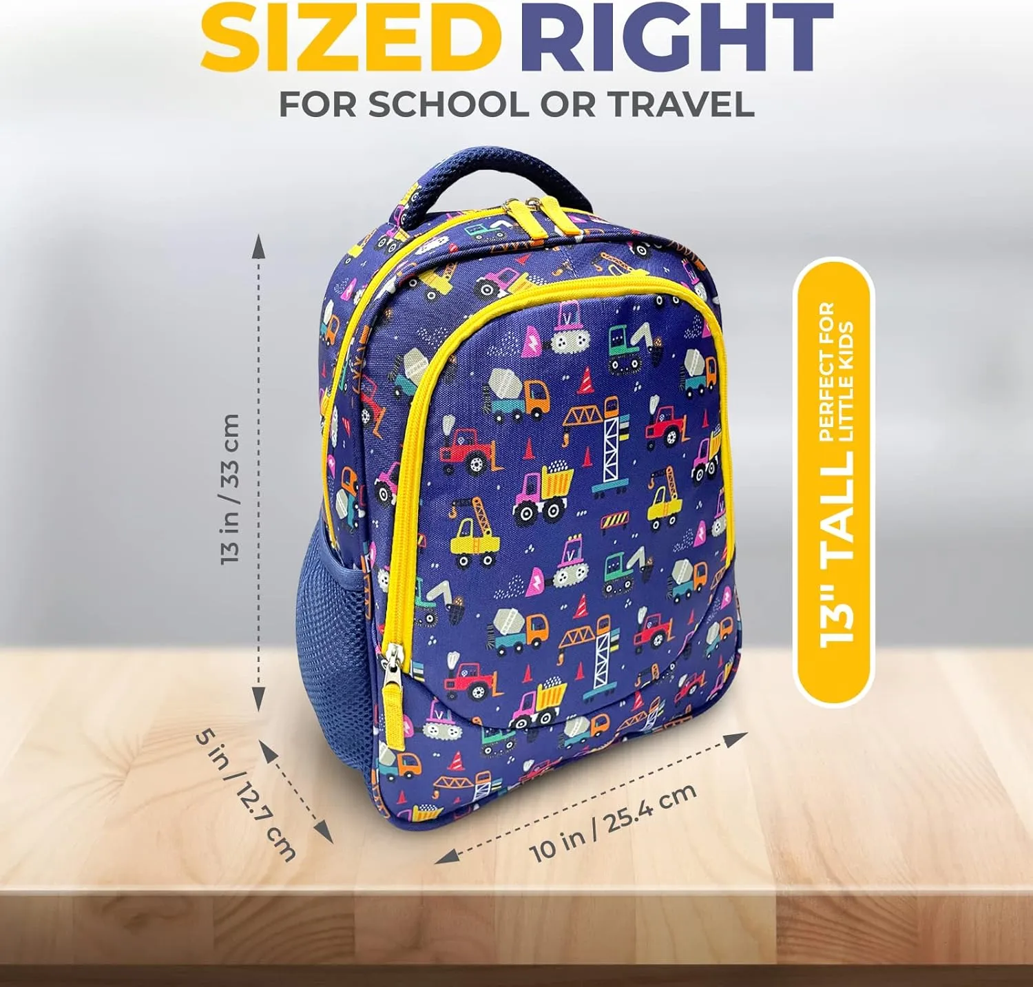 Toddler Backpack for Boys, Cute 13” Daycare PreSchool Kindergarten Elementary School Boy Backpacks, Water Bottle Pocket Holder, Insulated Padded Bags for Toddlers Kids Travel Bag, Blue Yellow Trucks