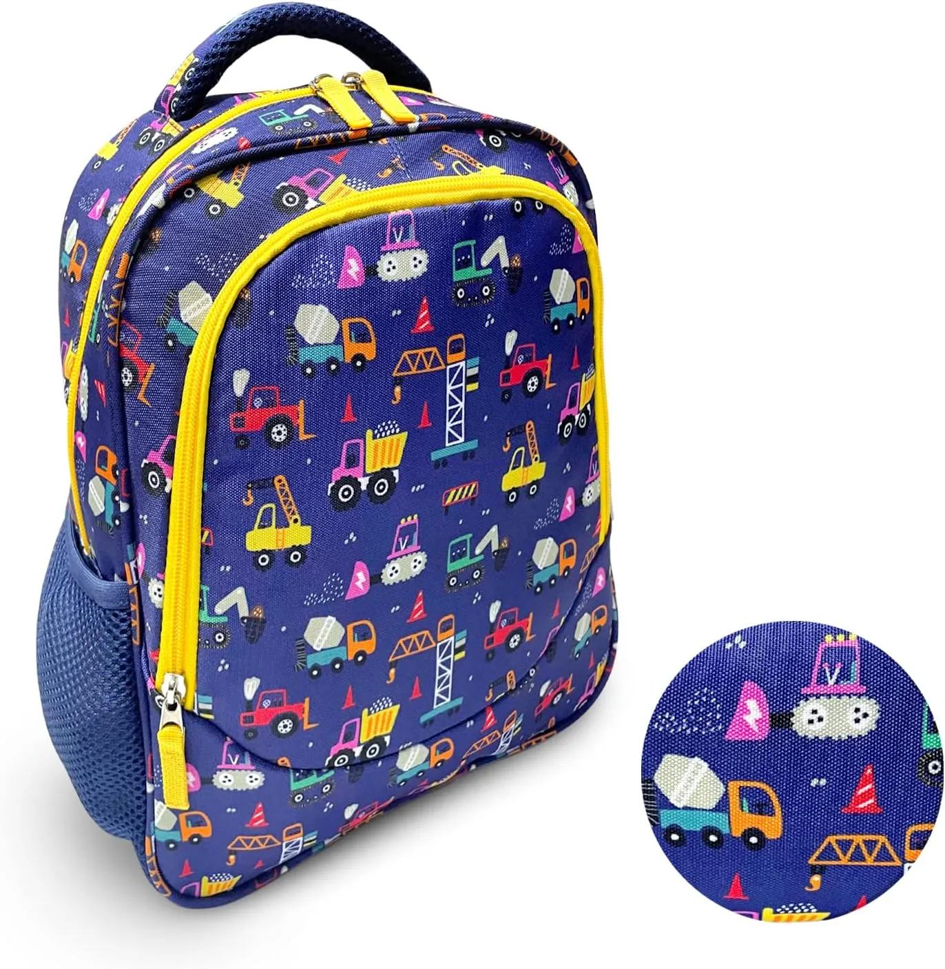 Toddler Backpack for Boys, Cute 13” Daycare PreSchool Kindergarten Elementary School Boy Backpacks, Water Bottle Pocket Holder, Insulated Padded Bags for Toddlers Kids Travel Bag, Blue Yellow Trucks