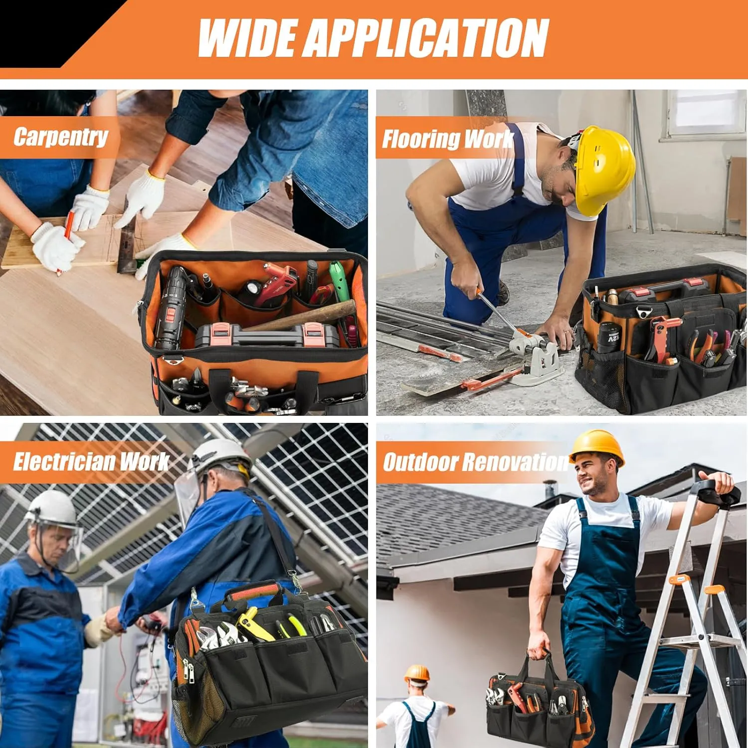 Tool Bag, 16 Inch Foldable Open Top Organizer for Easy Tool Access, Water-Resistant Construction, Electrician Tool Bag with Handle & Padded Adjustable Strap, Orange