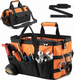 Tool Bag, 16 Inch Foldable Open Top Organizer for Easy Tool Access, Water-Resistant Construction, Electrician Tool Bag with Handle & Padded Adjustable Strap, Orange