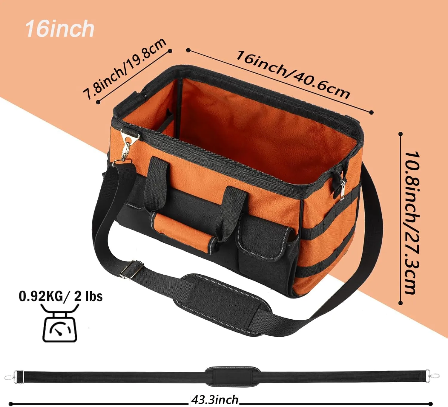 Tool Bag, 16 Inch Foldable Open Top Organizer for Easy Tool Access, Water-Resistant Construction, Electrician Tool Bag with Handle & Padded Adjustable Strap, Orange