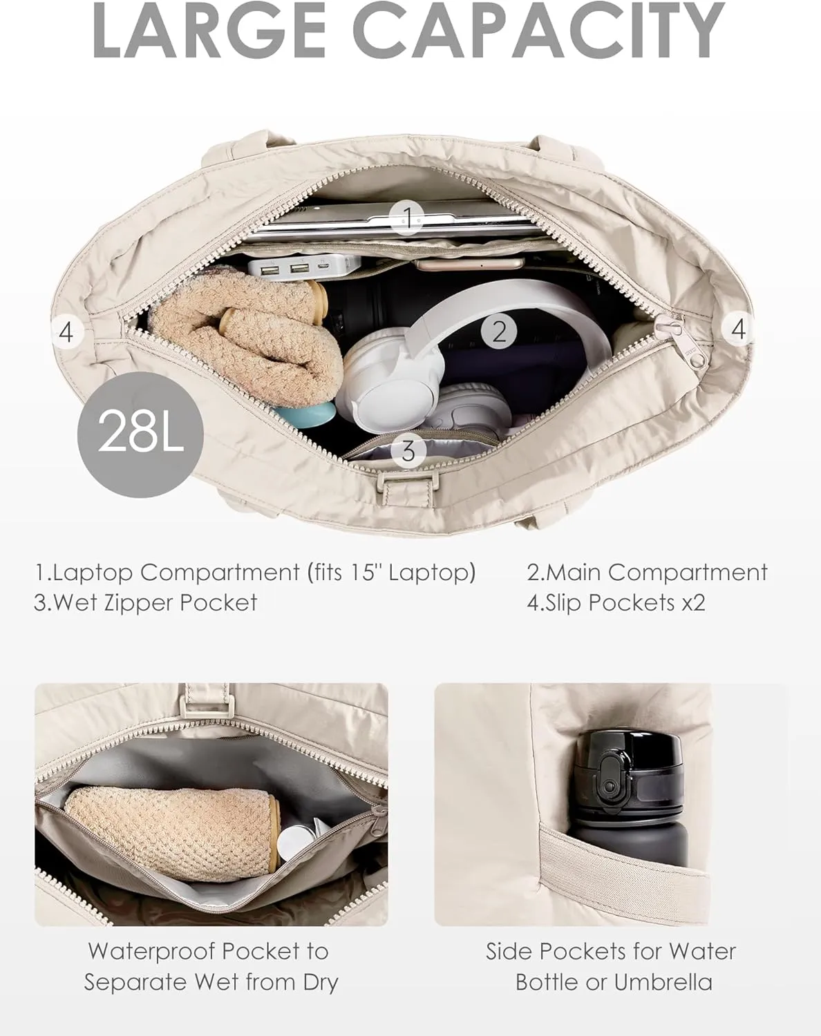 Tote Bag for Women,Puffer Travel Tote Bags with Zipper, Quilted Handbag with Compartments for Travel Work Sport, Beige