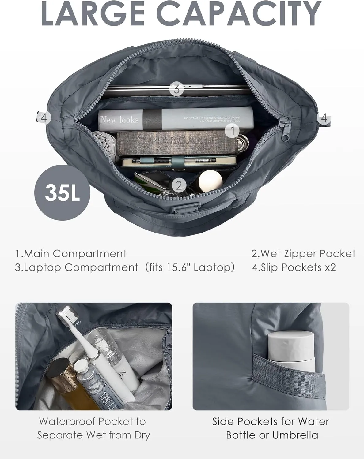 Tote Bag for Women,Puffer Work Bags with Zipper Compartments, Expandable Handbag for Travel Work Sport