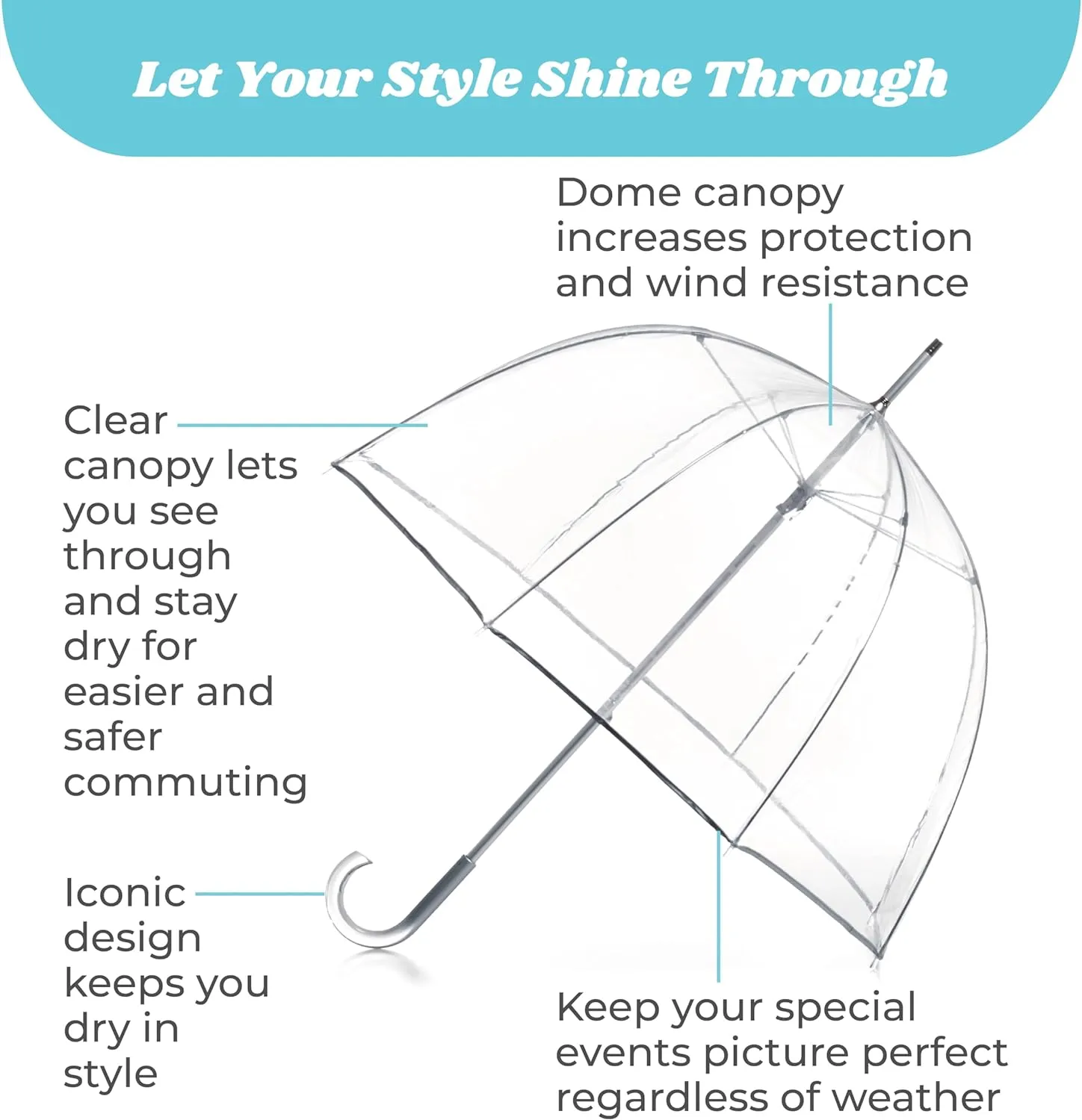 totes Adult Clear Bubble Umbrella with Dome Canopy and Lightweight Wind and Rain Protection
