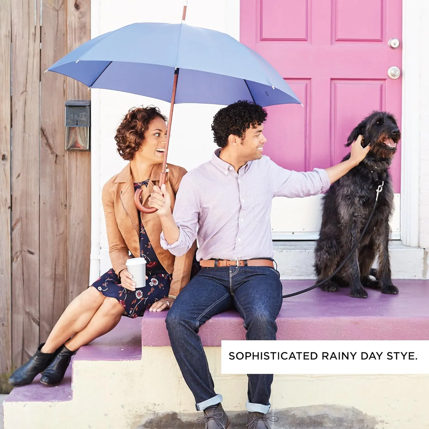 Totes Eco Auto Open Umbrella Classic Wooden J Stick Handle with Easy Grip - Windproof, Rainproof and Durable Canopy Design – Versatile Travel, Perfect for Rainy Days