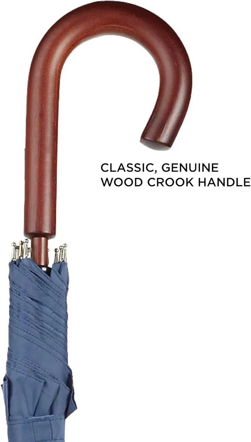 Totes Eco Auto Open Umbrella Classic Wooden J Stick Handle with Easy Grip - Windproof, Rainproof and Durable Canopy Design – Versatile Travel, Perfect for Rainy Days