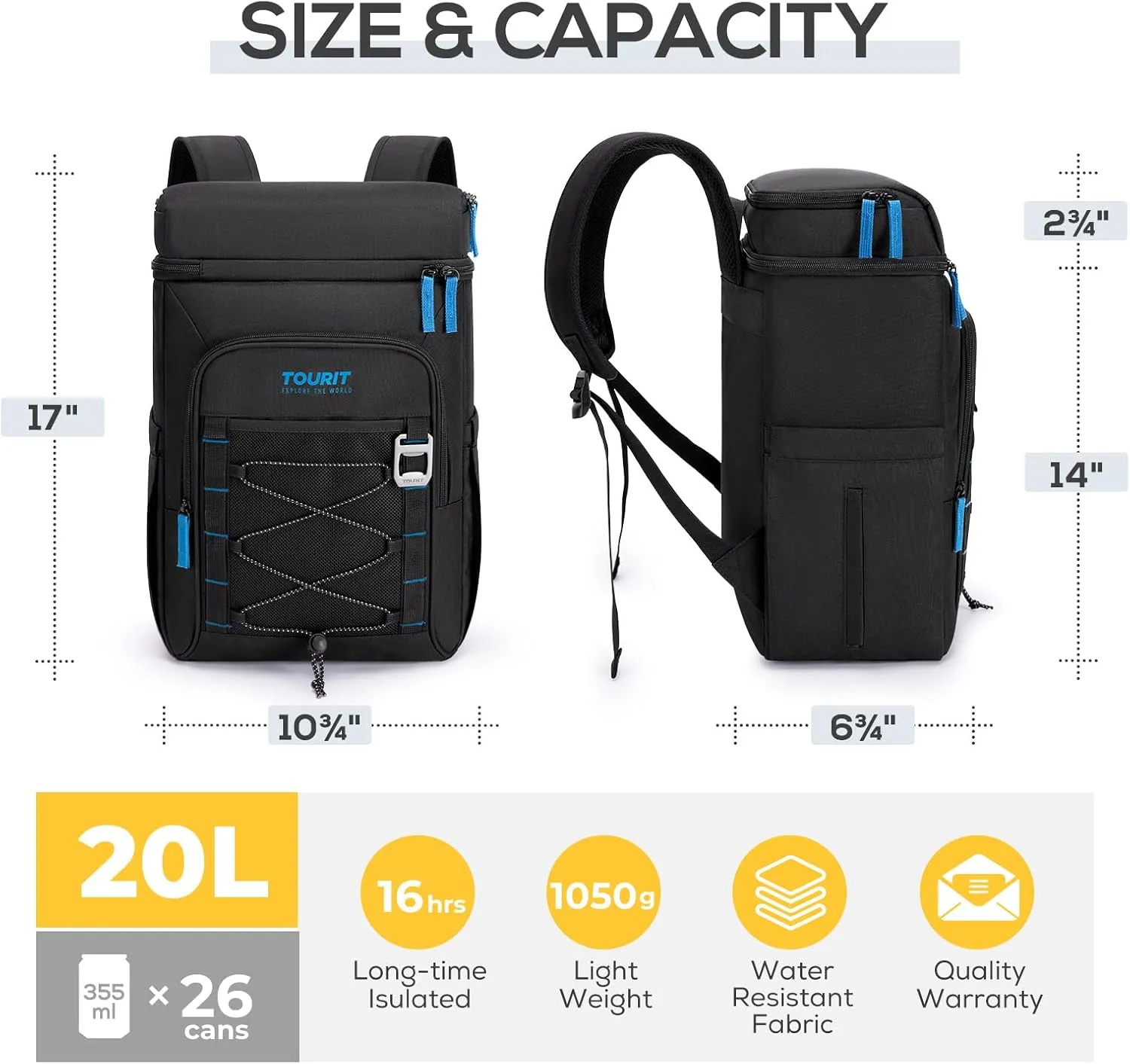 TOURIT Backpack Cooler Insulated Leak Proof 30 Can, 2 Thick Insulated Compartments Thermal Bag, Waterproof Lightweight Beach Travel Camping