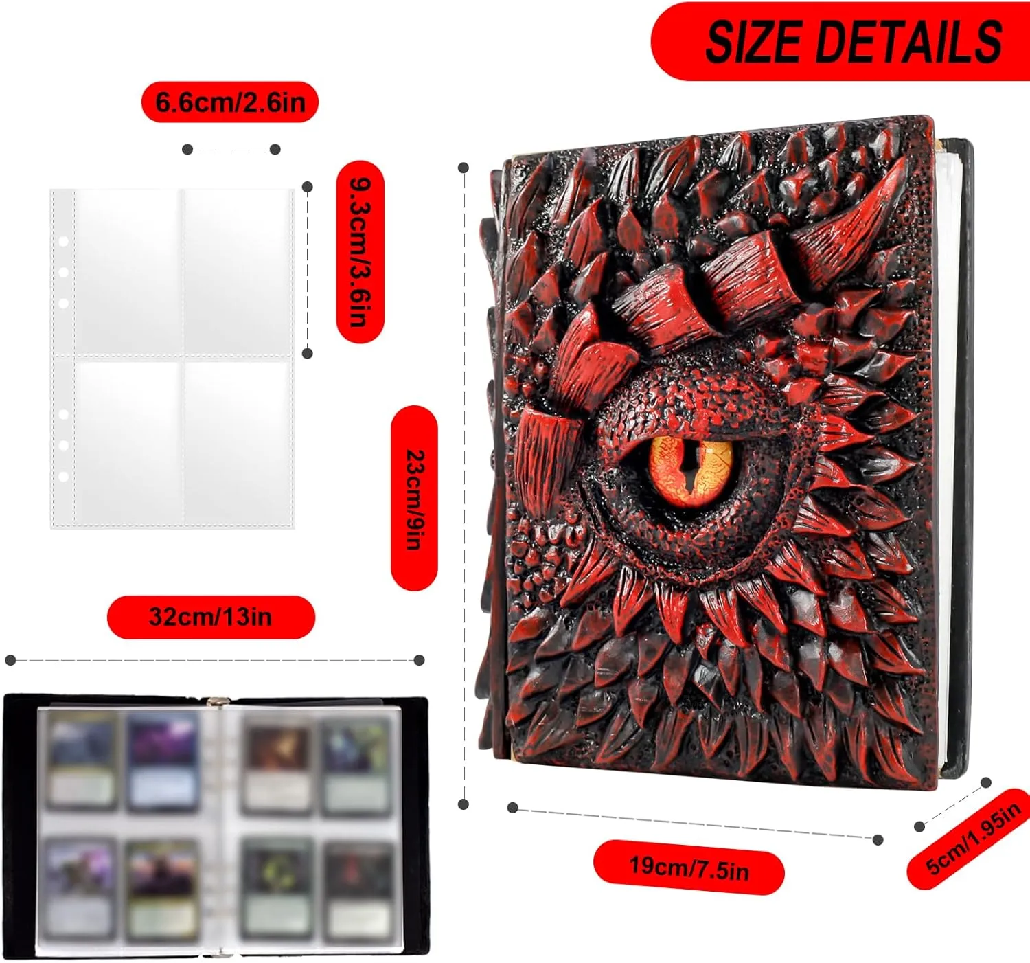 Trading Card Binder-3D Dragon Eye Embossed Fits 400 Cards Card Collector Album Holder,with 50 Removable Sleeves Toys Gifts for Boys Girls (Red)