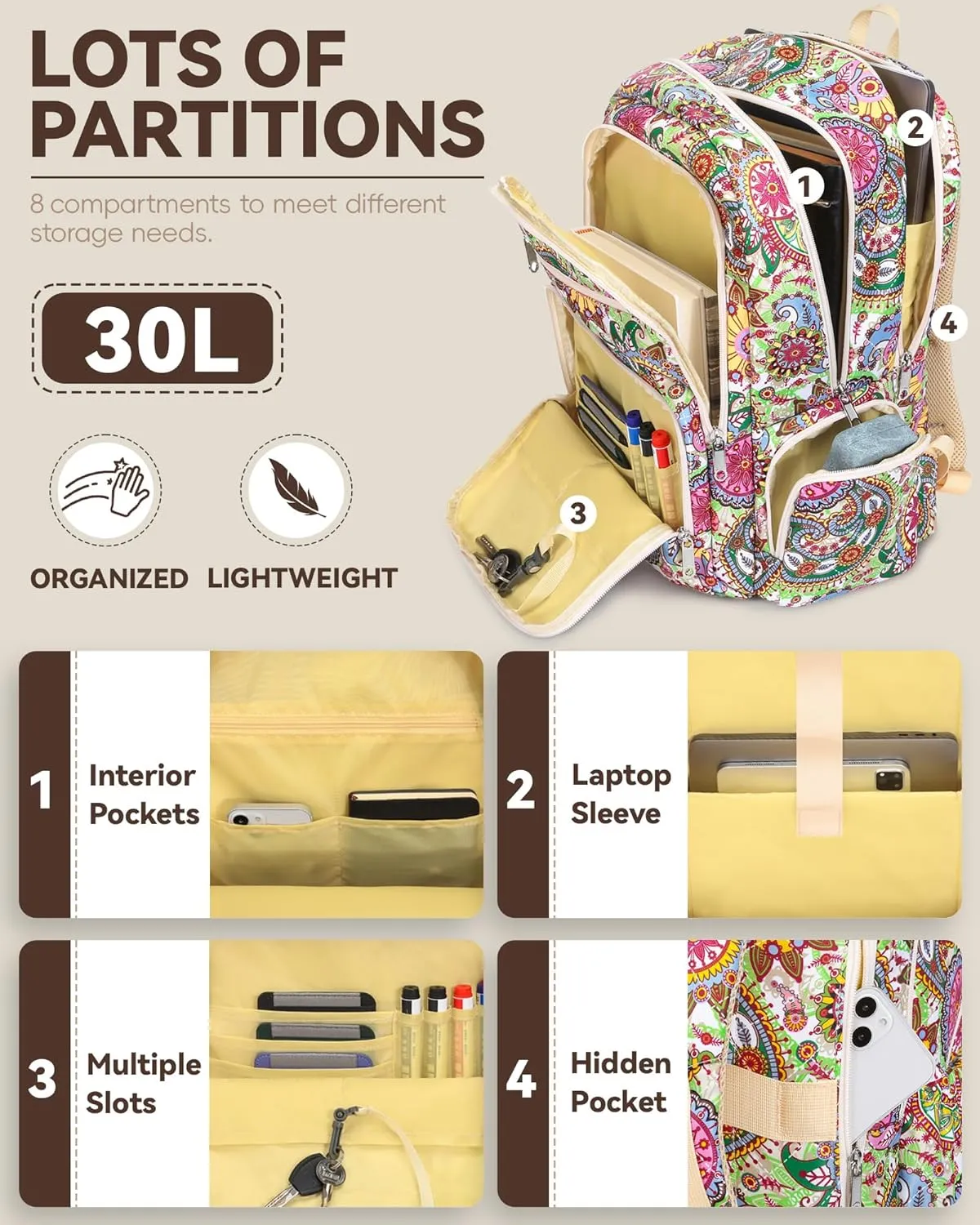 Travel Backpack for Women Large Overnight Weekender Bag Lightweight Casual Daypack College Campus Backpacks Fits 15.6 inch Laptop XL Carry On Back Pack Airline Approved Paisley Print Mochilas De Mujer
