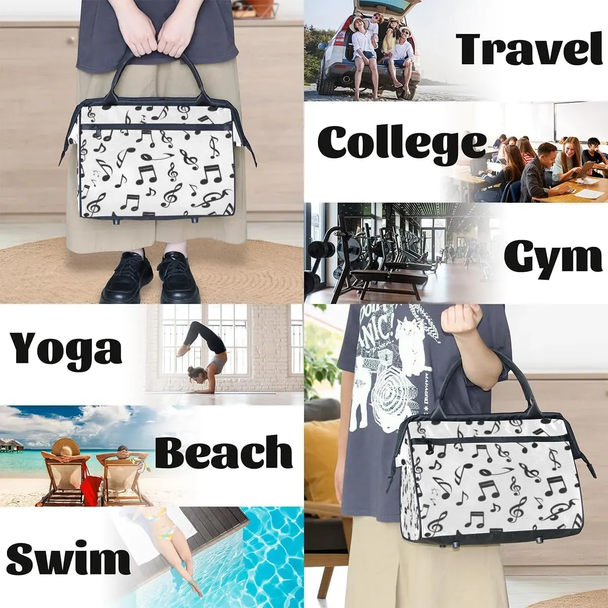 Travel Duffel Bag for Women, Musical Notes Prints Weekender Overnight Bag Carry on Beach Swim Bags Dance Bag Airlines Approved Personal Item Travel Bag for Yoga, Sports, Hospital