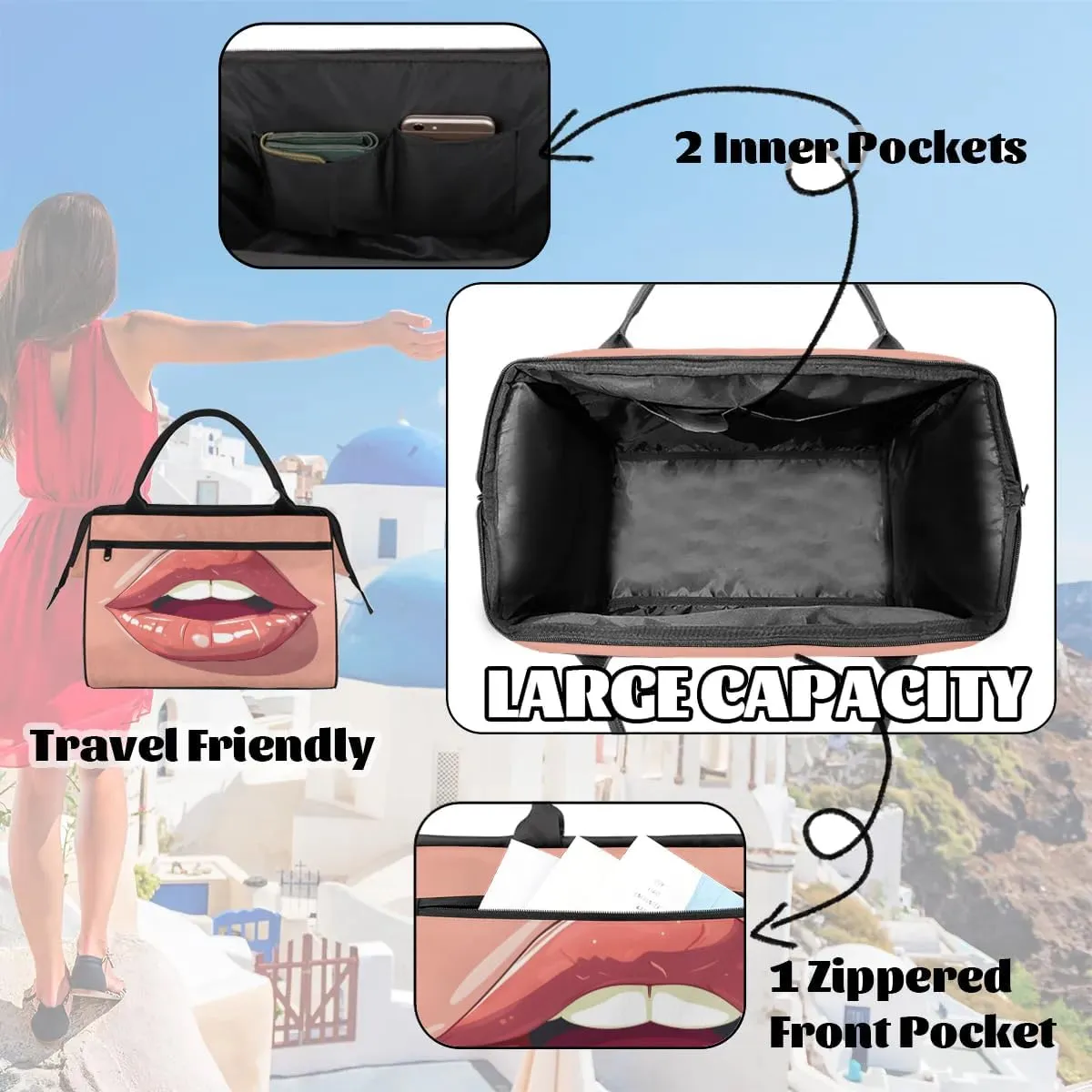 Travel Duffel Bag for Women, Pink Lips Weekender Overnight Bag Carry on Beach Swim Bags Dance Bag Airlines Approved Personal Item Travel Bag for Yoga, Sports, Hospital