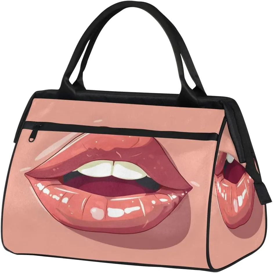 Travel Duffel Bag for Women, Pink Lips Weekender Overnight Bag Carry on Beach Swim Bags Dance Bag Airlines Approved Personal Item Travel Bag for Yoga, Sports, Hospital