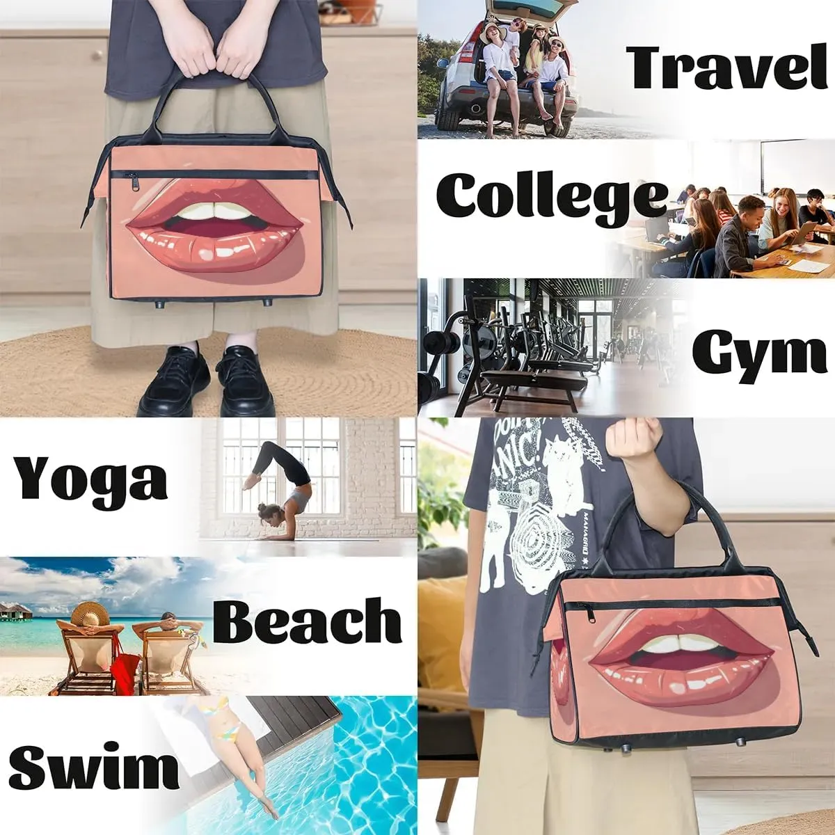 Travel Duffel Bag for Women, Pink Lips Weekender Overnight Bag Carry on Beach Swim Bags Dance Bag Airlines Approved Personal Item Travel Bag for Yoga, Sports, Hospital